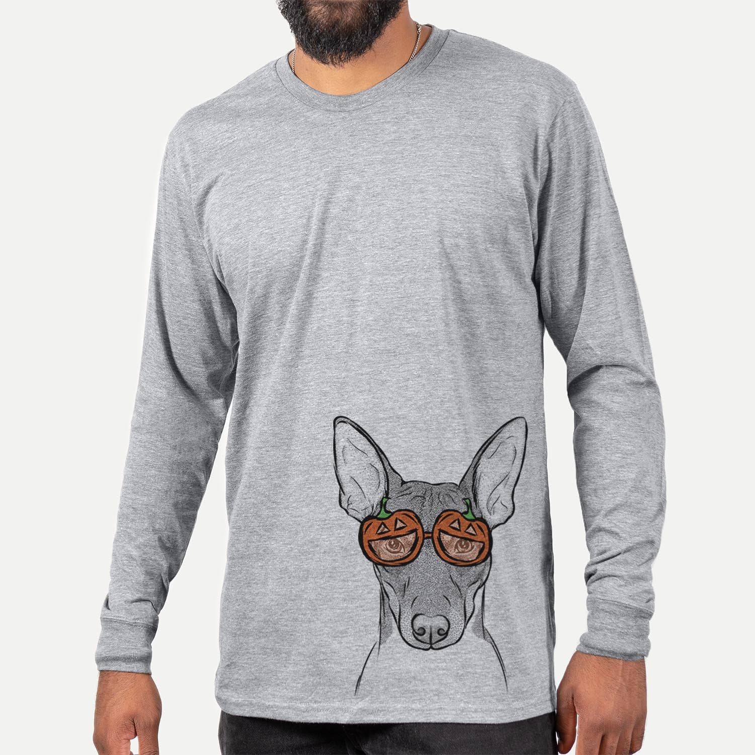Hand-drawn sketch of Knox the Rat Terrier wearing pumpkin glasses on a Grey pumpkin collection, hanging on a wall