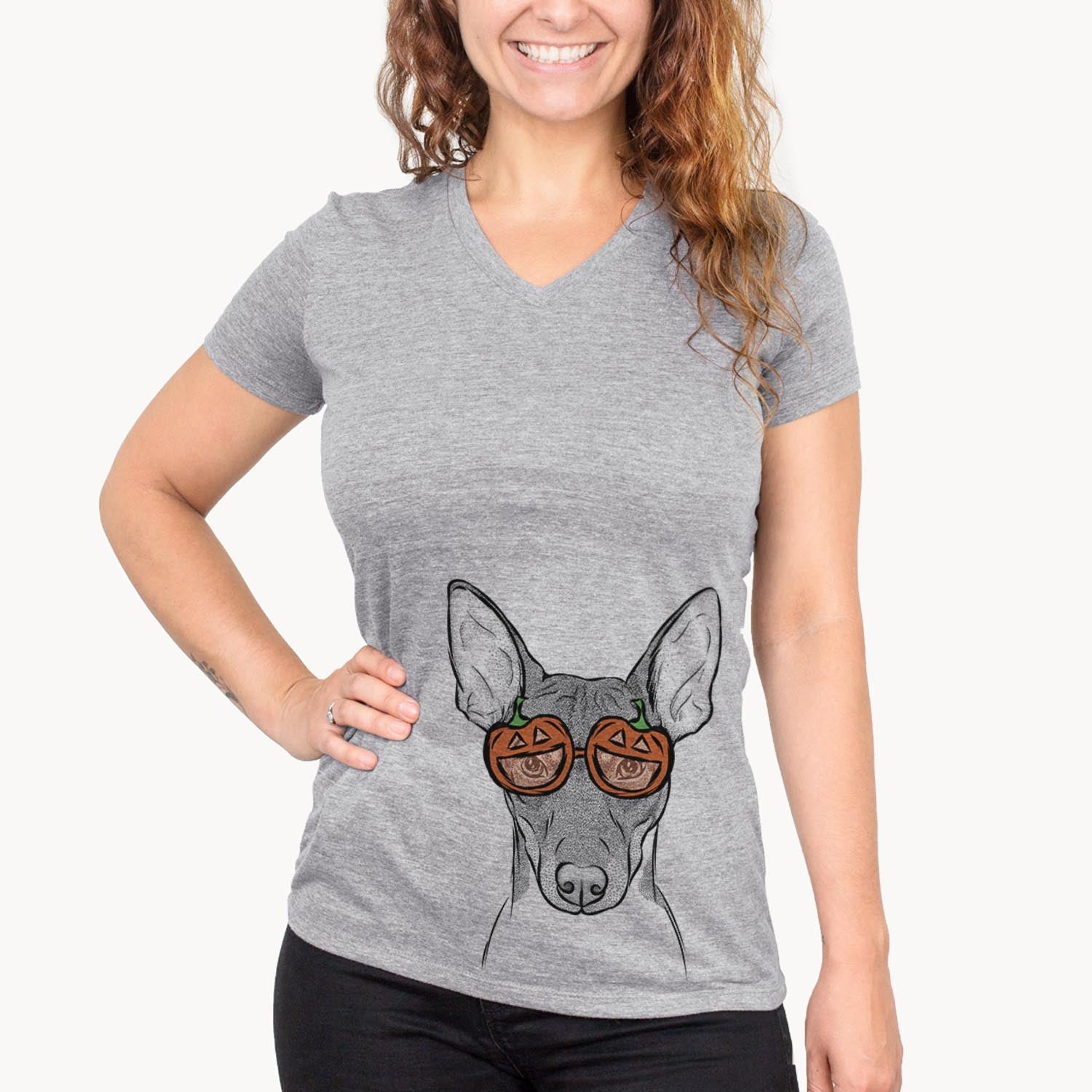 Hand-drawn sketch of Knox the Rat Terrier wearing pumpkin glasses on a Grey pumpkin collection