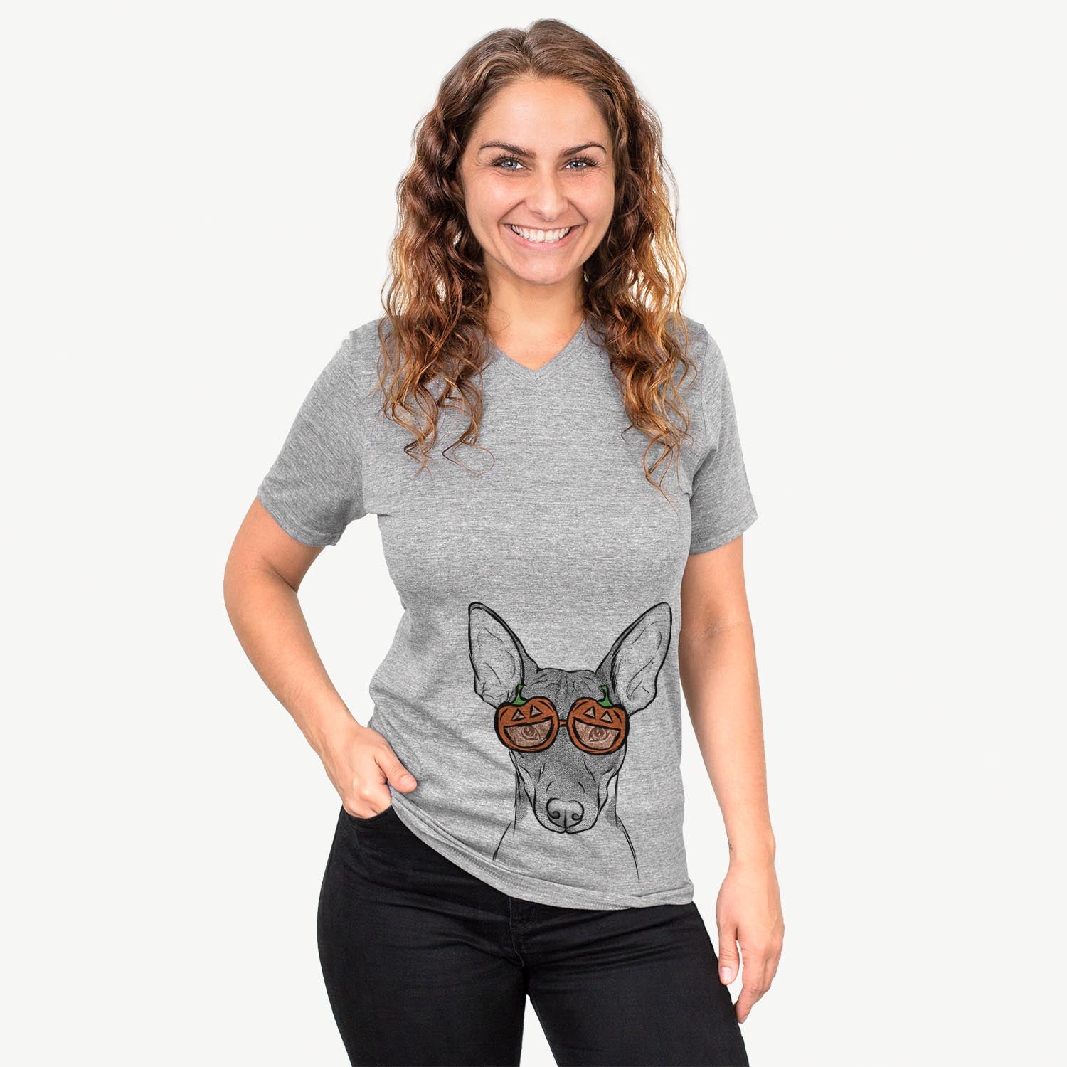 Hand-drawn sketch of Knox the Rat Terrier wearing pumpkin glasses on a Grey pumpkin collection