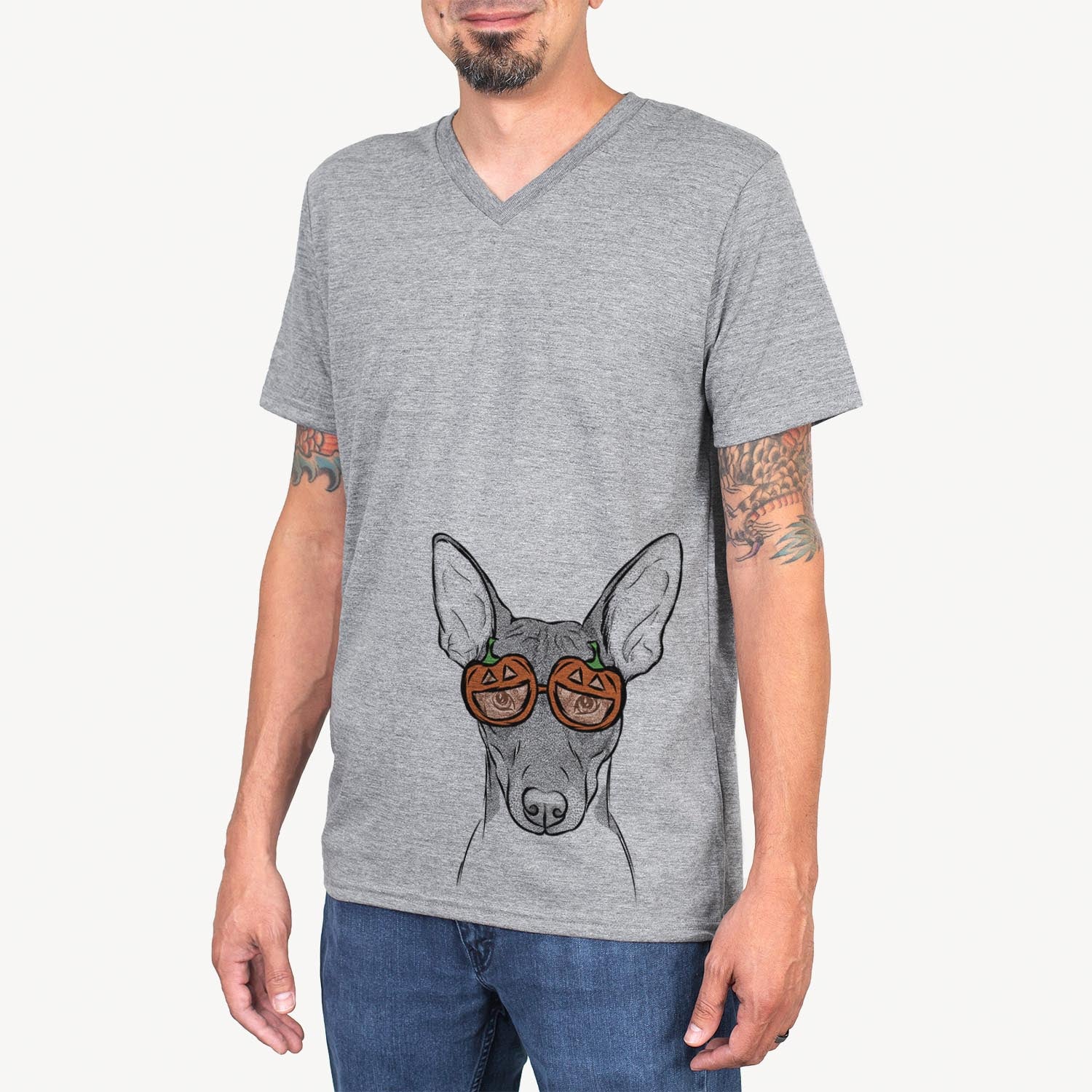 Hand-drawn sketch of Knox the Rat Terrier wearing pumpkin glasses on a Grey pumpkin collection