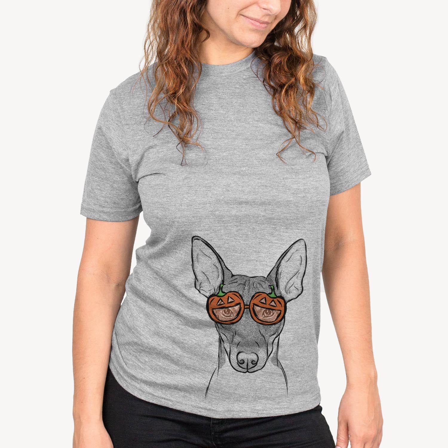 Hand-drawn sketch of Knox the Rat Terrier wearing pumpkin glasses on a Grey pumpkin collection, on a hanger
