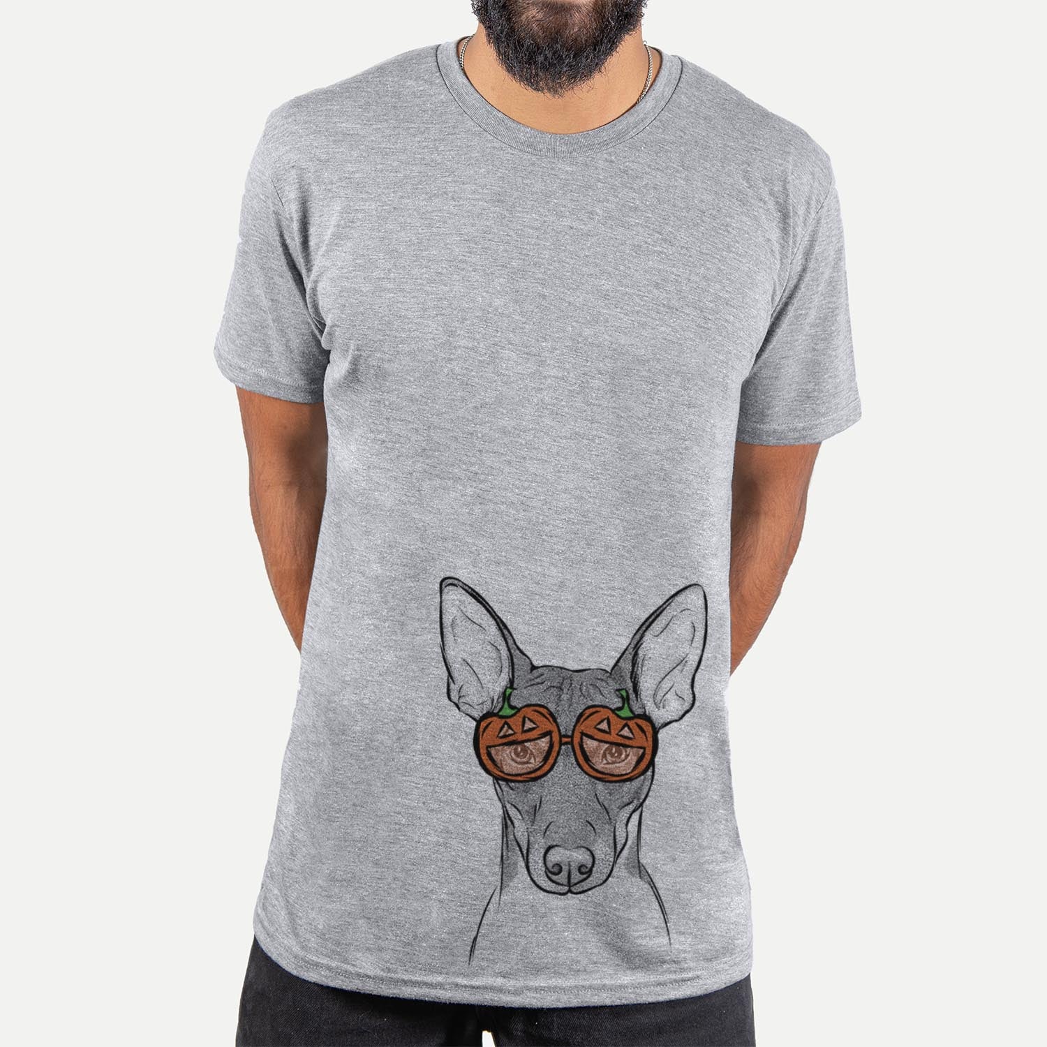 Hand-drawn sketch of Knox the Rat Terrier wearing pumpkin glasses on a Grey pumpkin collection, hanging on a wall