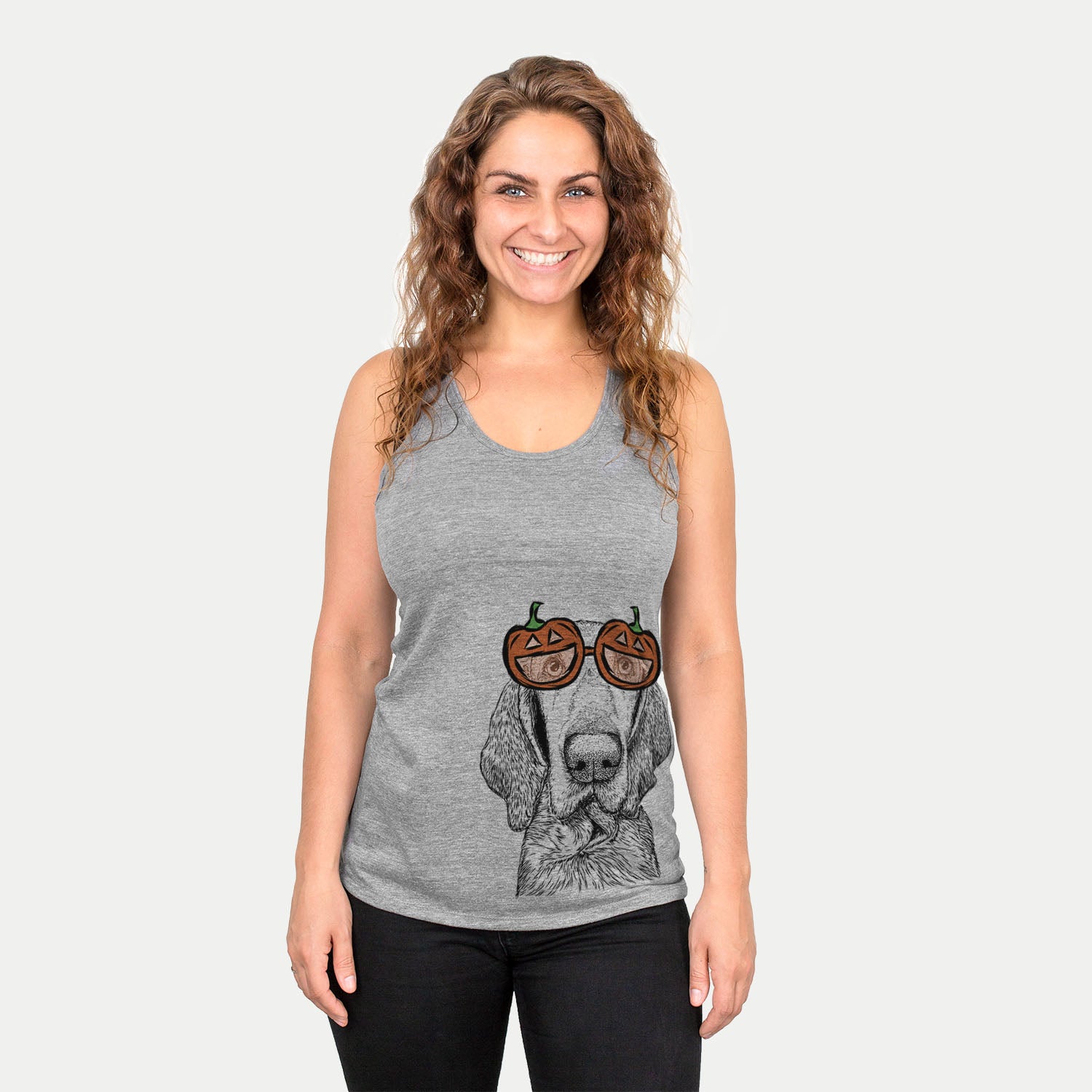 Hand-drawn sketch of Kylie the Bracco Italiano wearing pumpkin glasses on a Grey pumpkin collection