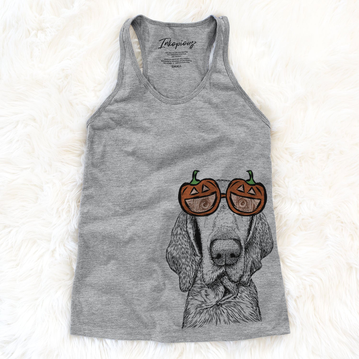 Hand-drawn sketch of Kylie the Bracco Italiano wearing pumpkin glasses on a Grey pumpkin collection