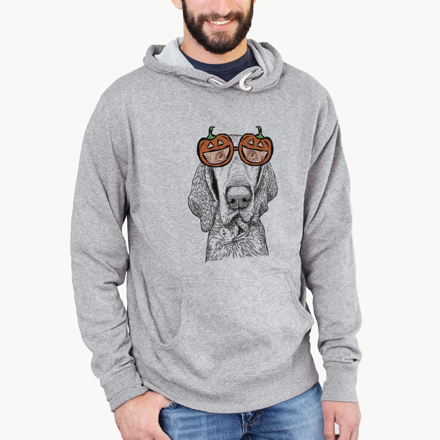 Hand-drawn sketch of Kylie the Bracco Italiano wearing pumpkin glasses on a Grey pumpkin collection