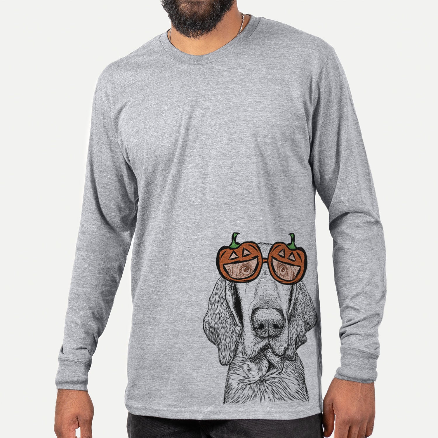 Hand-drawn sketch of Kylie the Bracco Italiano wearing pumpkin glasses on a Grey pumpkin collection, hanging on a wall