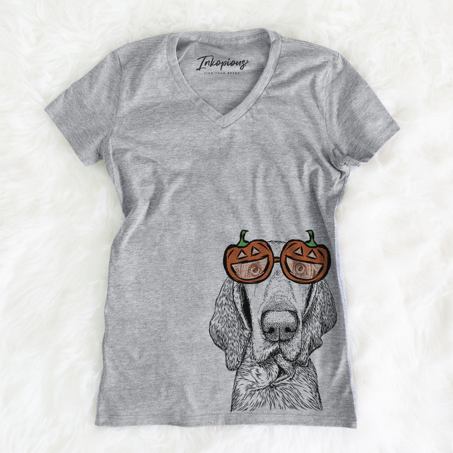 Hand-drawn sketch of Kylie the Bracco Italiano wearing pumpkin glasses on a Grey pumpkin collection, on a hanger