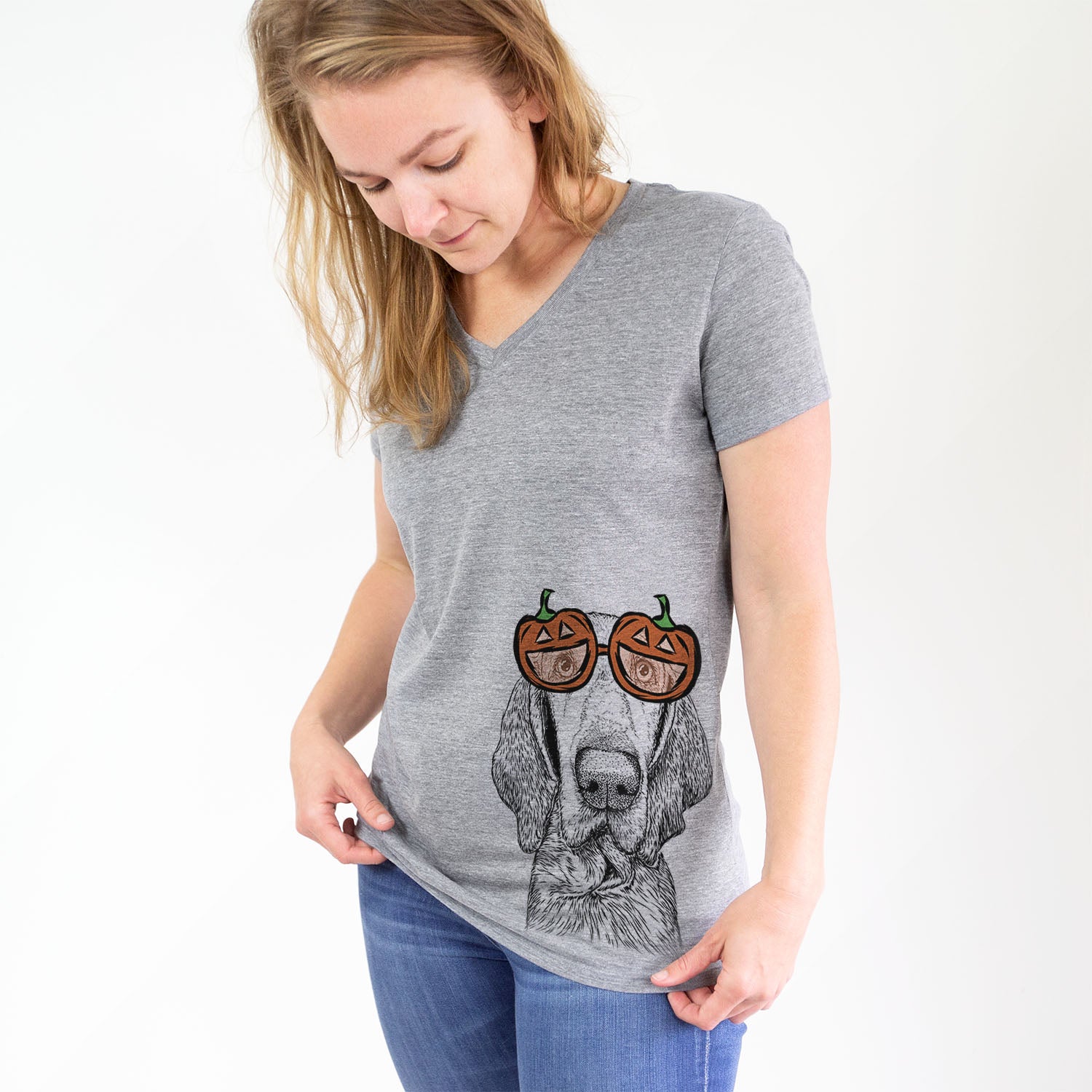 Hand-drawn sketch of Kylie the Bracco Italiano wearing pumpkin glasses on a Grey pumpkin collection
