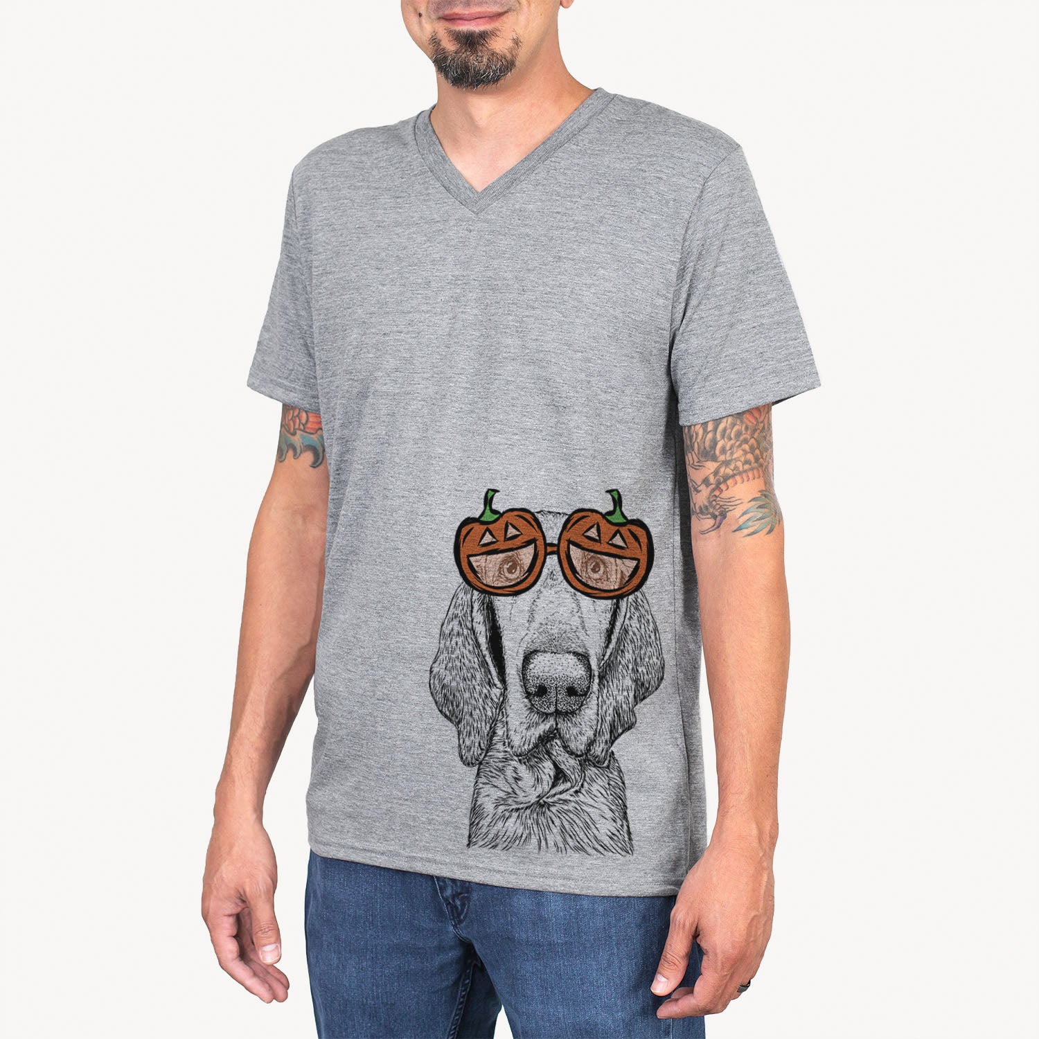 Hand-drawn sketch of Kylie the Bracco Italiano wearing pumpkin glasses on a Grey pumpkin collection