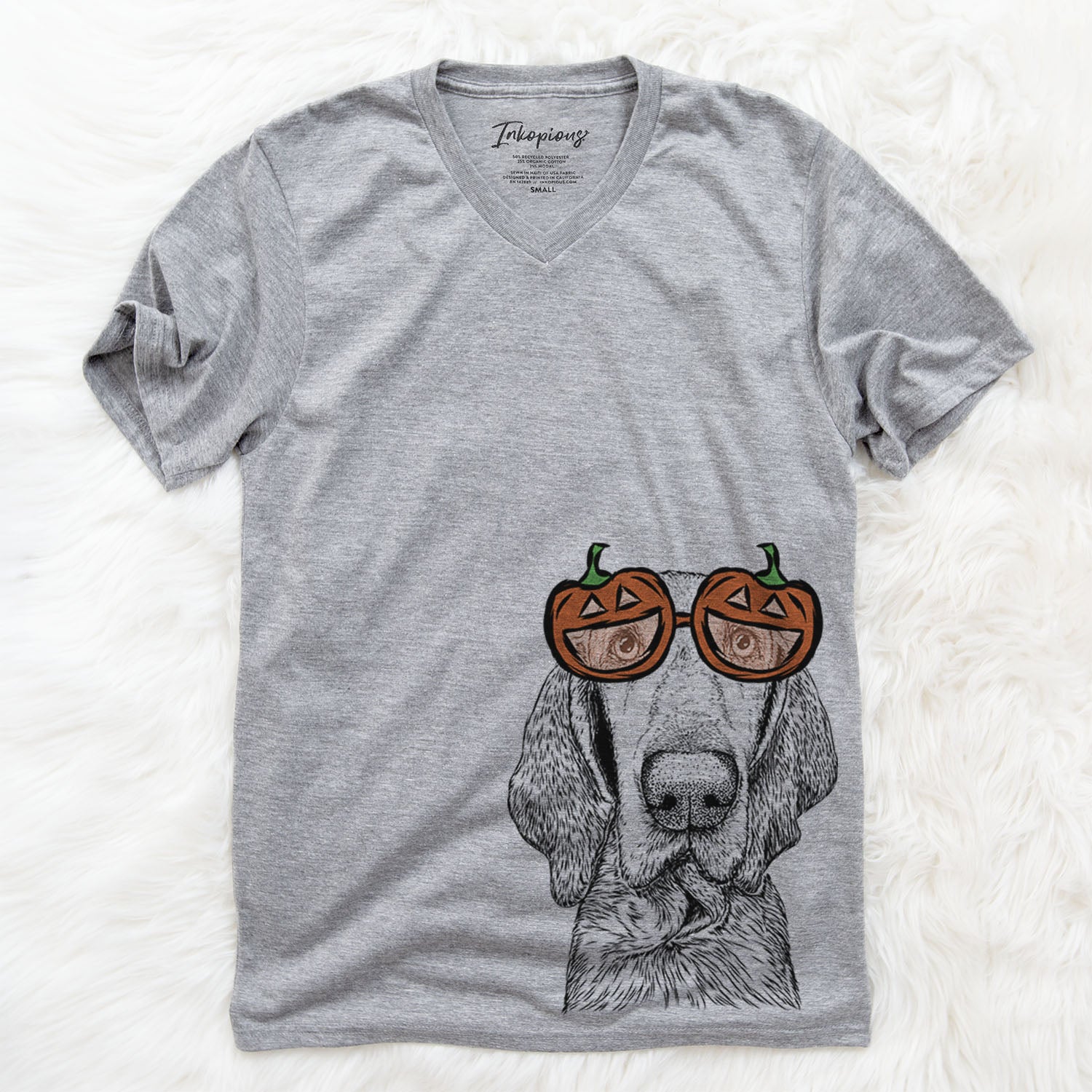 Hand-drawn sketch of Kylie the Bracco Italiano wearing pumpkin glasses on a Grey pumpkin collection