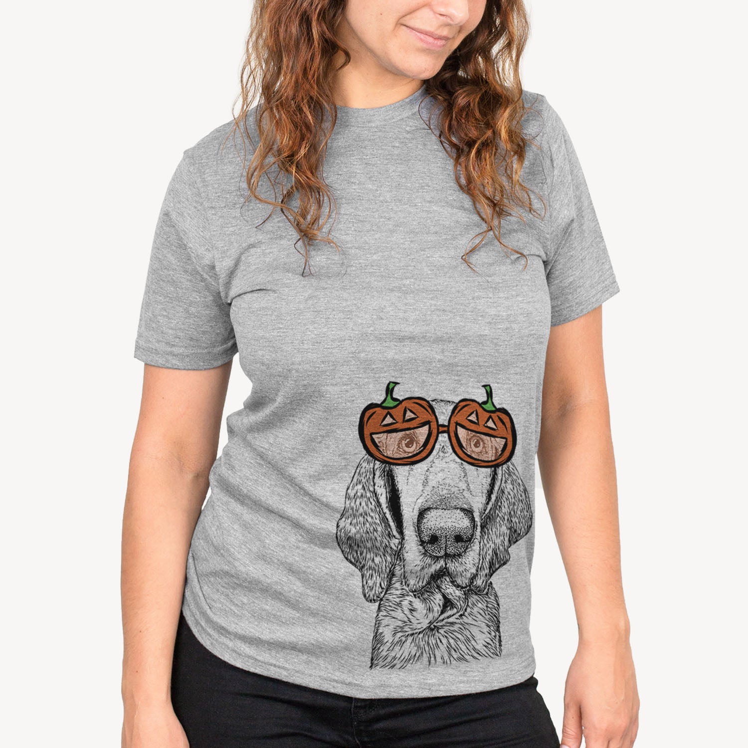 Hand-drawn sketch of Kylie the Bracco Italiano wearing pumpkin glasses on a Grey pumpkin collection, on a hanger