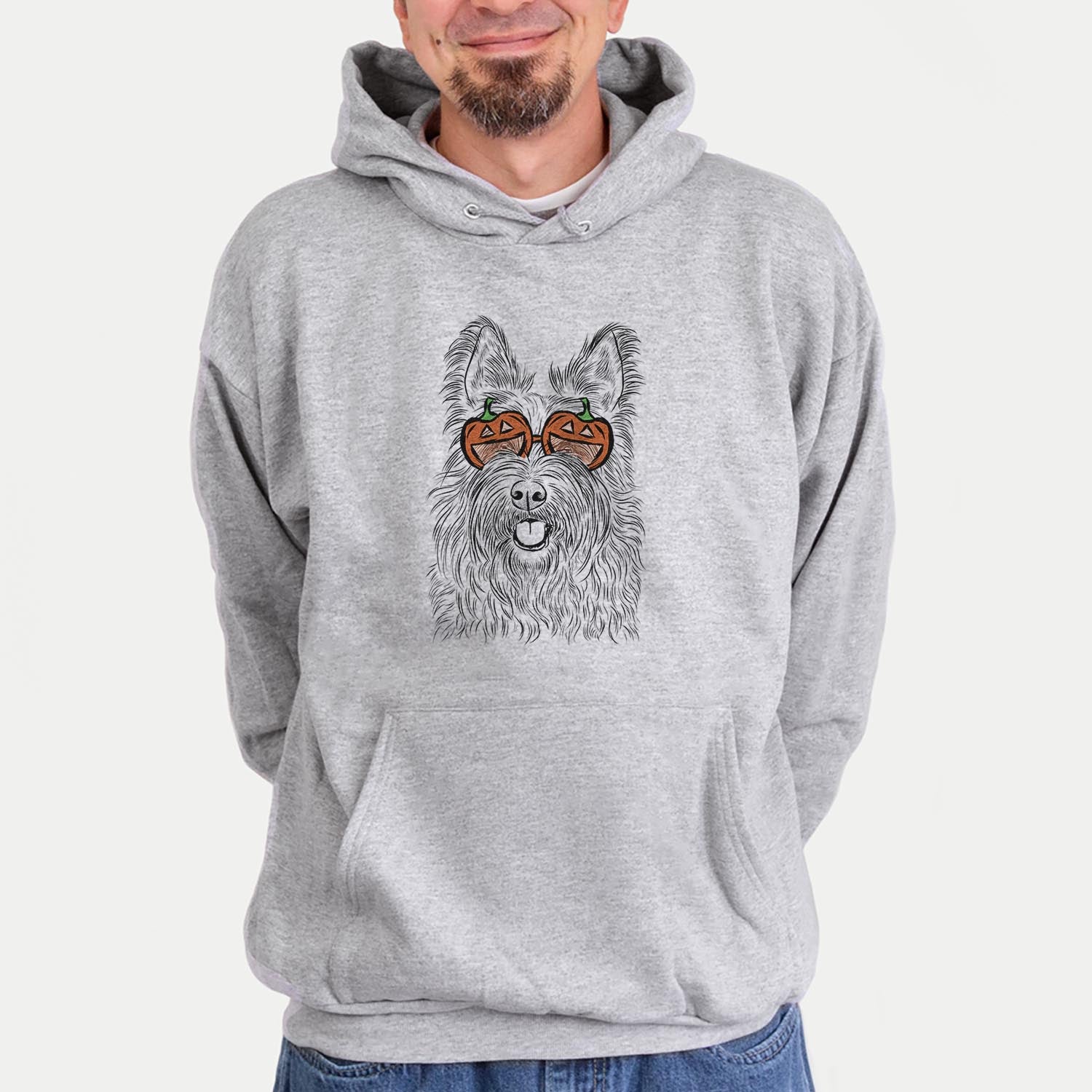 Hand-drawn sketch of Kyros the Berger Picard wearing pumpkin glasses on a Grey pumpkin collection, hanging on a wall