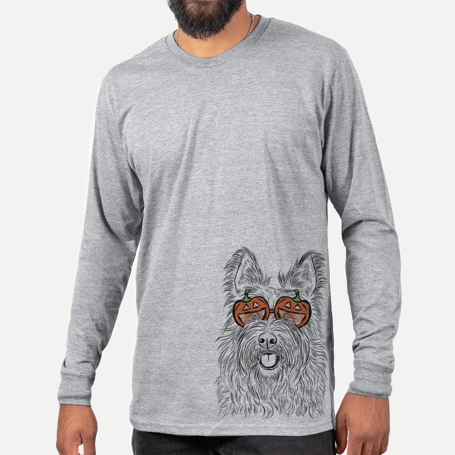 Hand-drawn sketch of Kyros the Berger Picard wearing pumpkin glasses on a Grey pumpkin collection, hanging on a wall