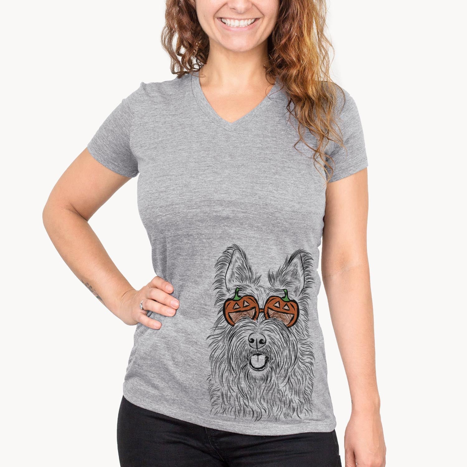 Hand-drawn sketch of Kyros the Berger Picard wearing pumpkin glasses on a Grey pumpkin collection