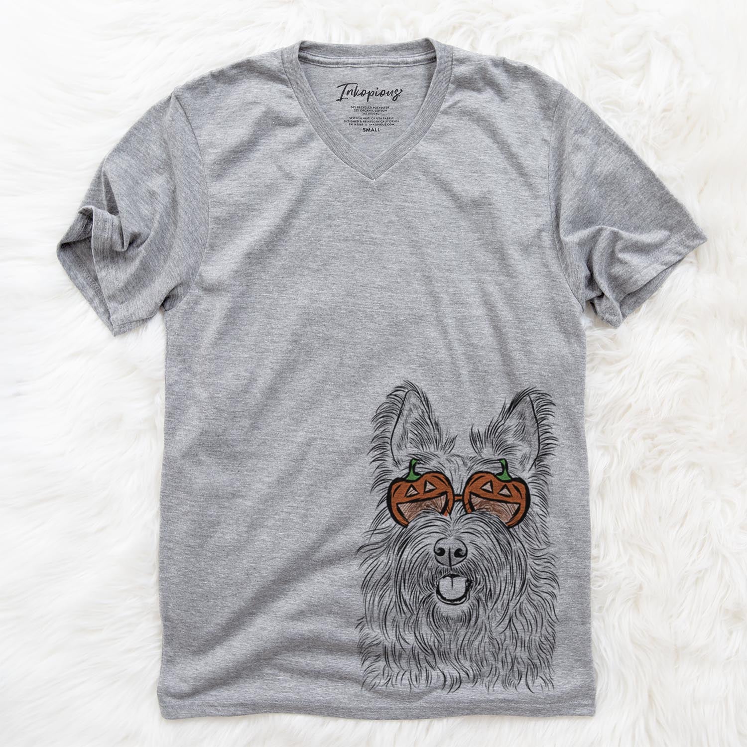 Hand-drawn sketch of Kyros the Berger Picard wearing pumpkin glasses on a Grey pumpkin collection
