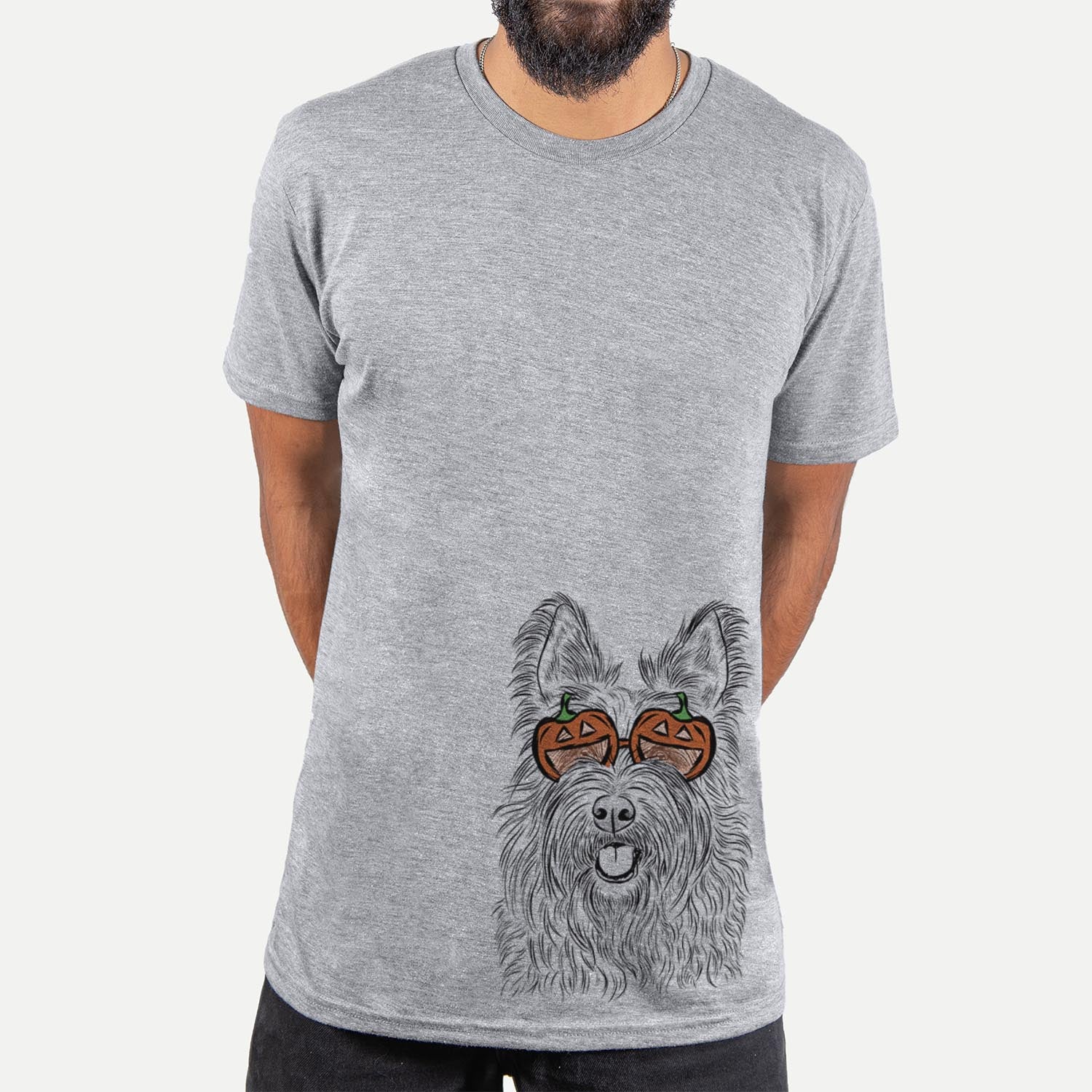Hand-drawn sketch of Kyros the Berger Picard wearing pumpkin glasses on a Grey pumpkin collection, hanging on a wall