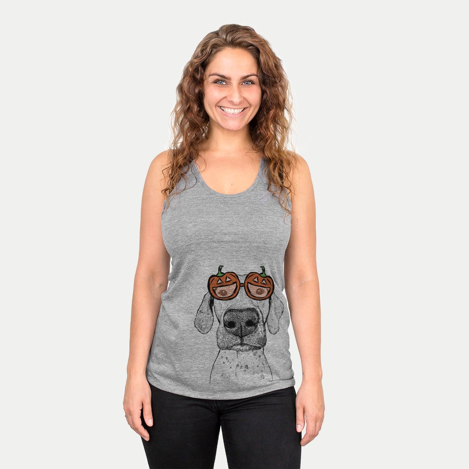 Hand-drawn sketch of Leroy the German Shorthaired Pointer wearing pumpkin glasses on a Grey pumpkin collection