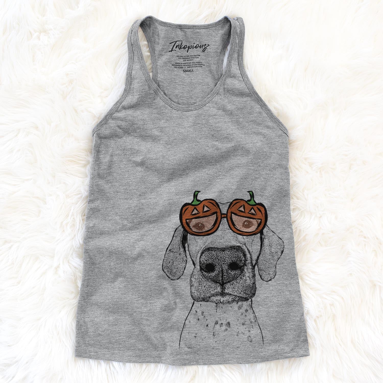 Hand-drawn sketch of Leroy the German Shorthaired Pointer wearing pumpkin glasses on a Grey pumpkin collection