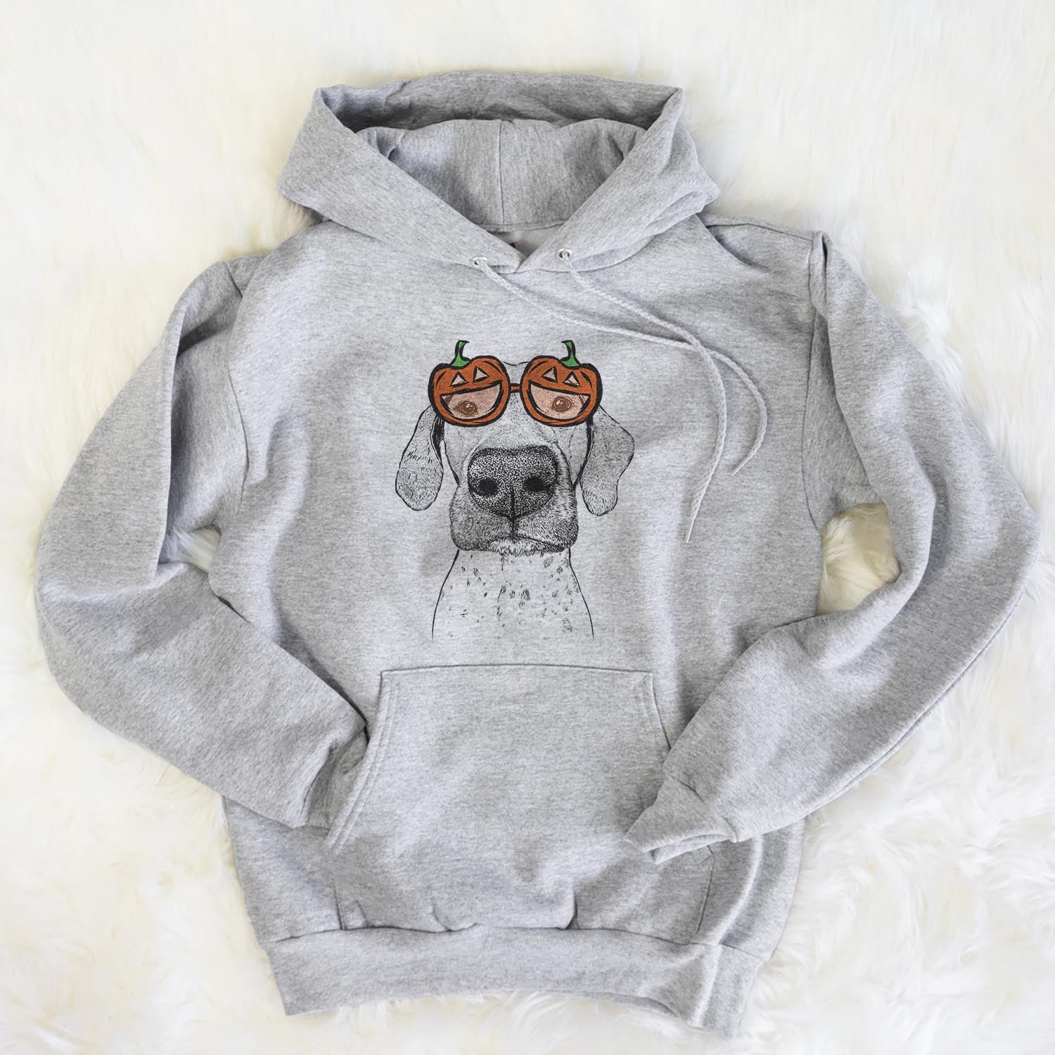 Hand-drawn sketch of Leroy the German Shorthaired Pointer wearing pumpkin glasses on a Grey pumpkin collection, flat lay