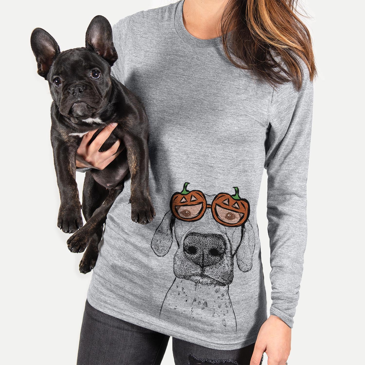 Hand-drawn sketch of Leroy the German Shorthaired Pointer wearing pumpkin glasses on a Grey pumpkin collection