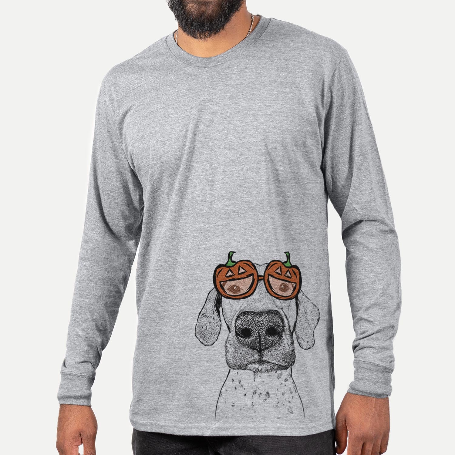 Hand-drawn sketch of Leroy the German Shorthaired Pointer wearing pumpkin glasses on a Grey pumpkin collection, hanging on a wall