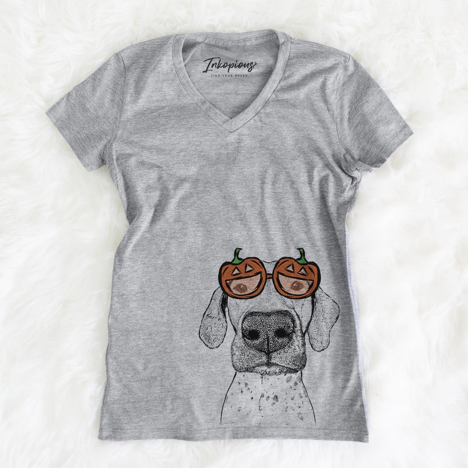 Hand-drawn sketch of Leroy the German Shorthaired Pointer wearing pumpkin glasses on a Grey pumpkin collection, on a hanger