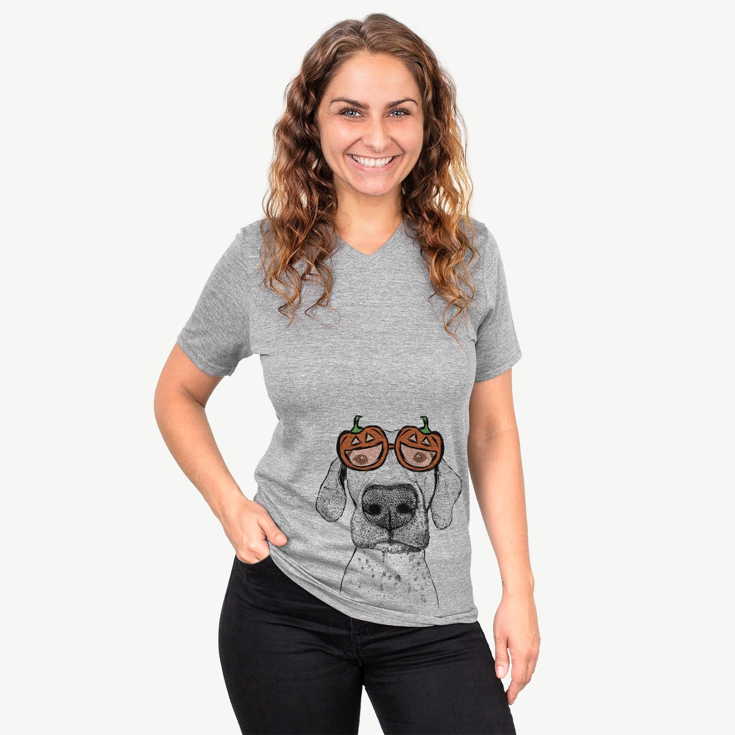 Hand-drawn sketch of Leroy the German Shorthaired Pointer wearing pumpkin glasses on a Grey pumpkin collection