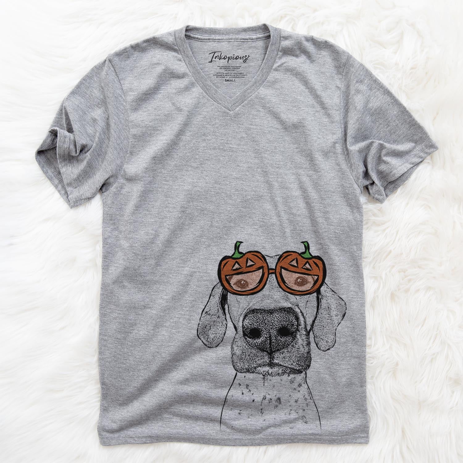 Hand-drawn sketch of Leroy the German Shorthaired Pointer wearing pumpkin glasses on a Grey pumpkin collection