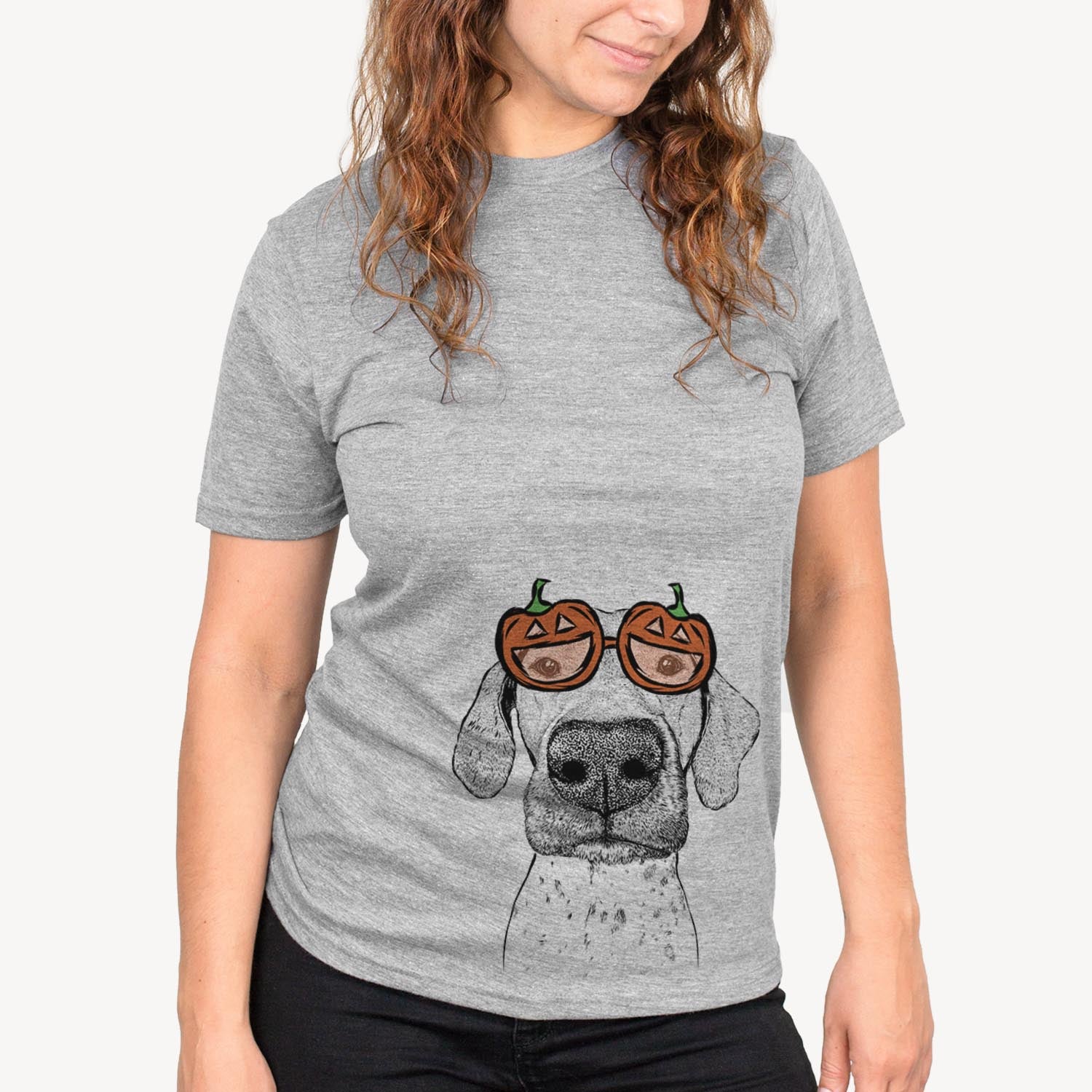 Hand-drawn sketch of Leroy the German Shorthaired Pointer wearing pumpkin glasses on a Grey pumpkin collection, on a hanger