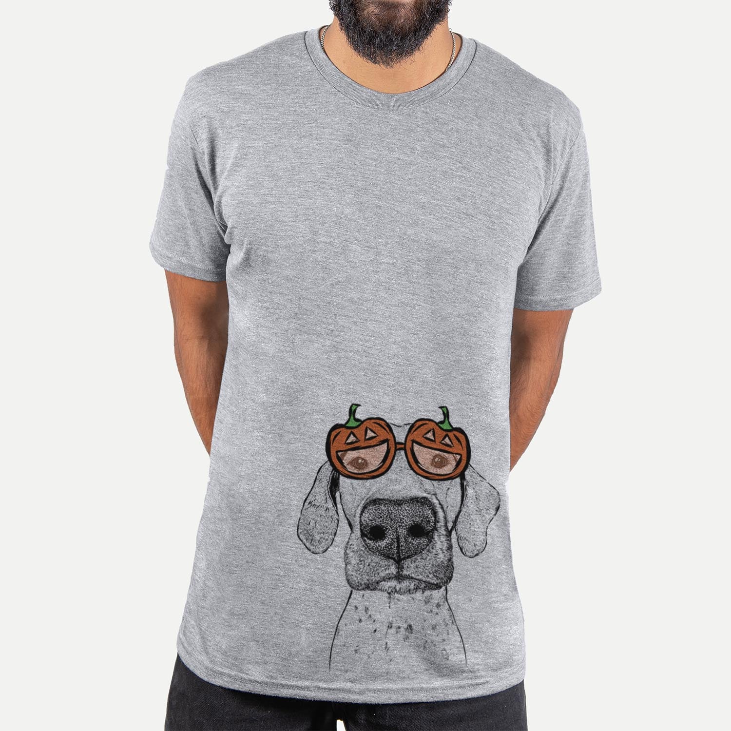 Hand-drawn sketch of Leroy the German Shorthaired Pointer wearing pumpkin glasses on a Grey pumpkin collection, hanging on a wall