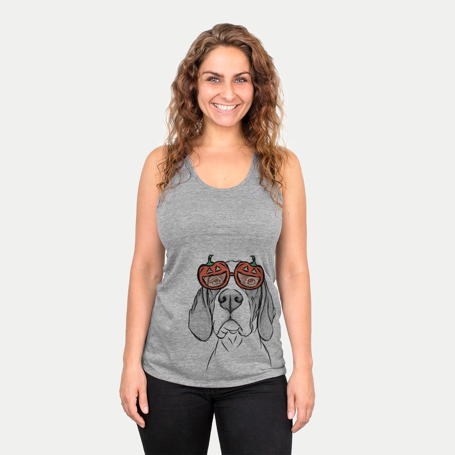 Hand-drawn sketch of Liam the English Pointer wearing pumpkin glasses on a Grey pumpkin collection