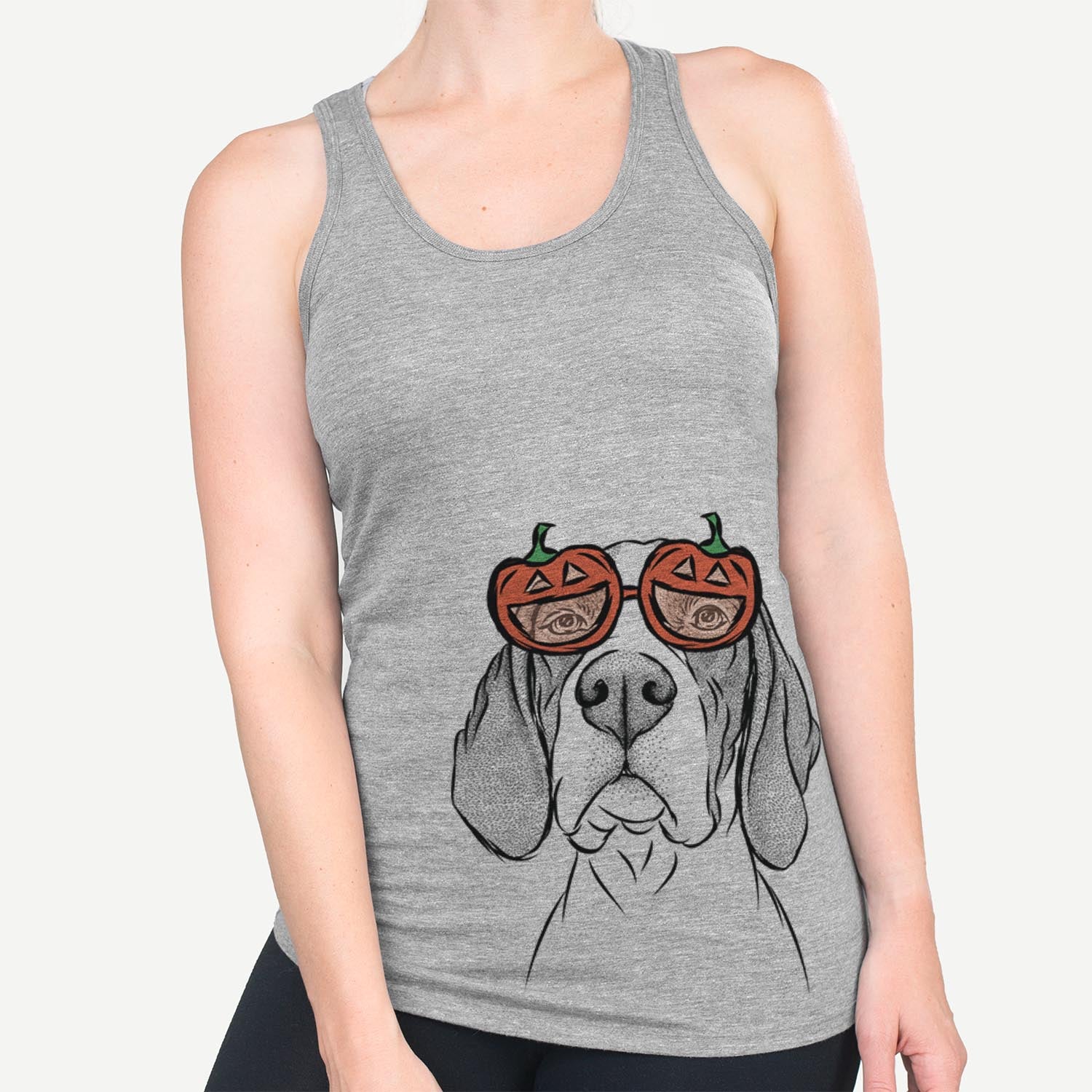 Hand-drawn sketch of Liam the English Pointer wearing pumpkin glasses on a Grey pumpkin collection
