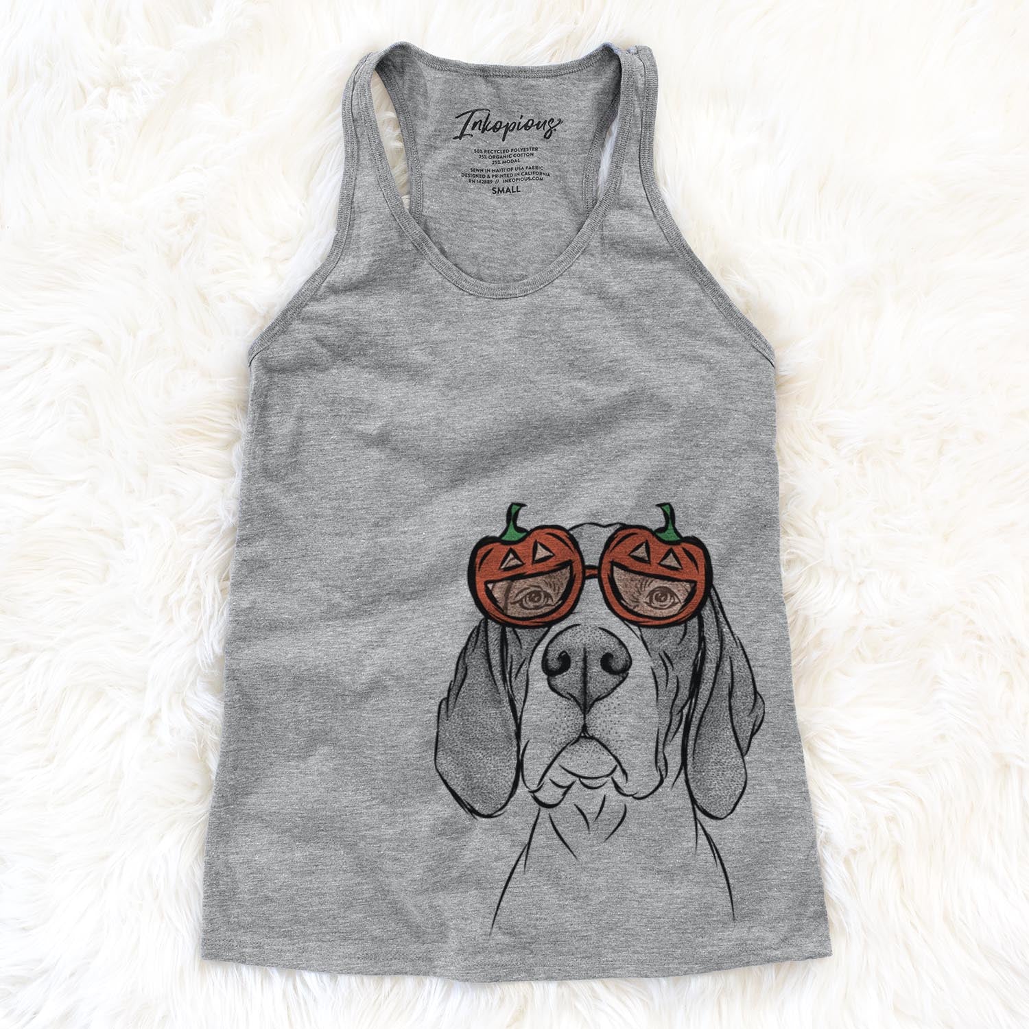 Hand-drawn sketch of Liam the English Pointer wearing pumpkin glasses on a Grey pumpkin collection