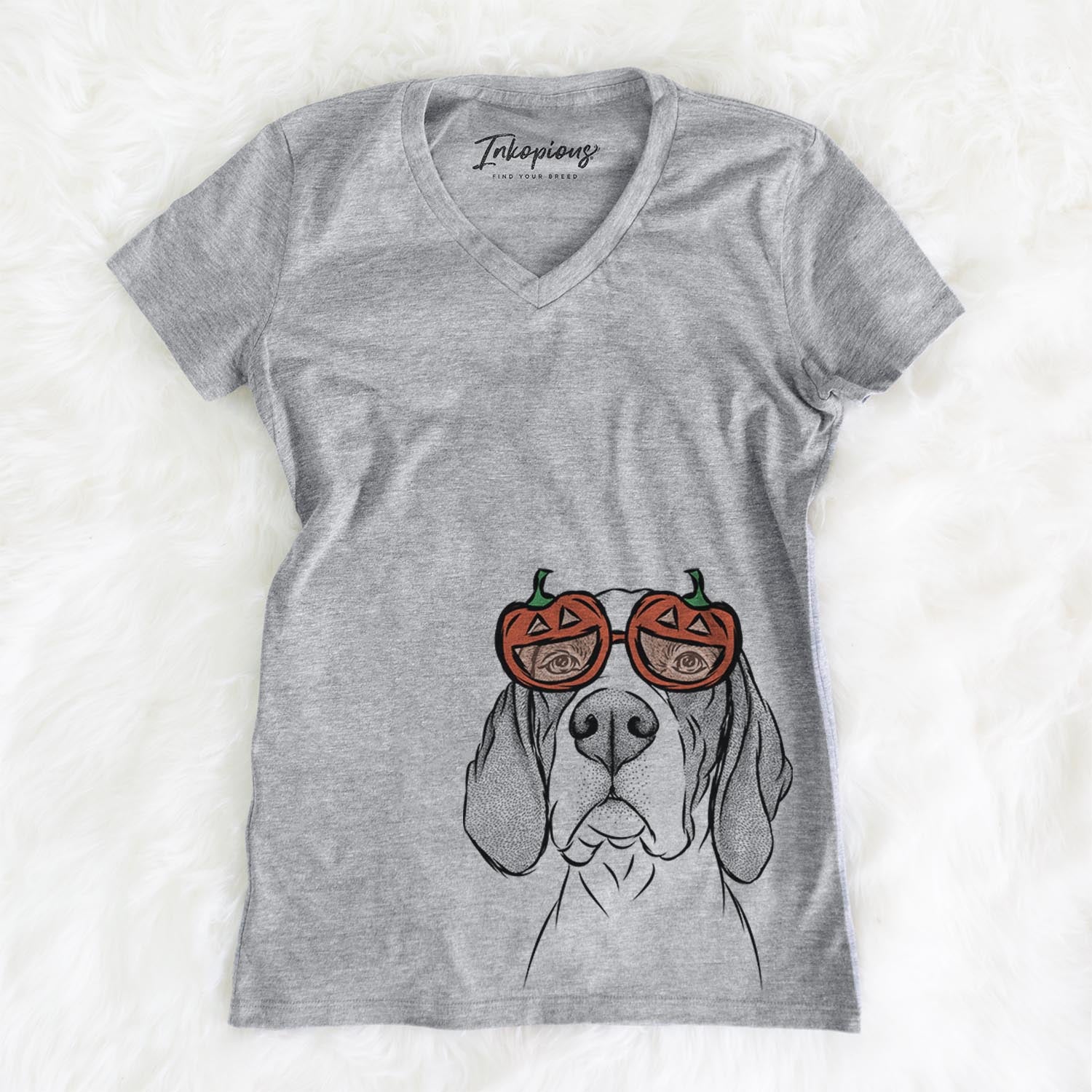 Hand-drawn sketch of Liam the English Pointer wearing pumpkin glasses on a Grey pumpkin collection, on a hanger