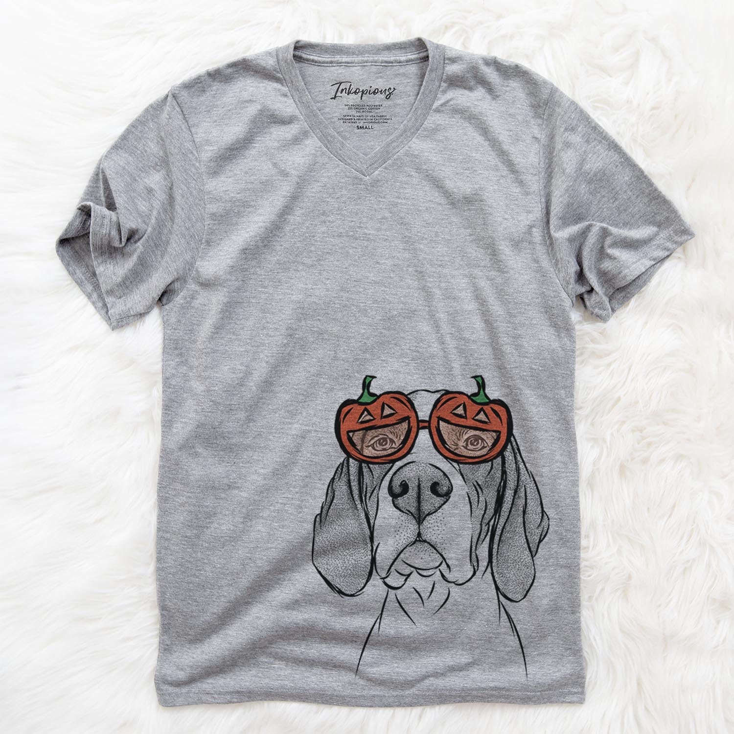 Hand-drawn sketch of Liam the English Pointer wearing pumpkin glasses on a Grey pumpkin collection