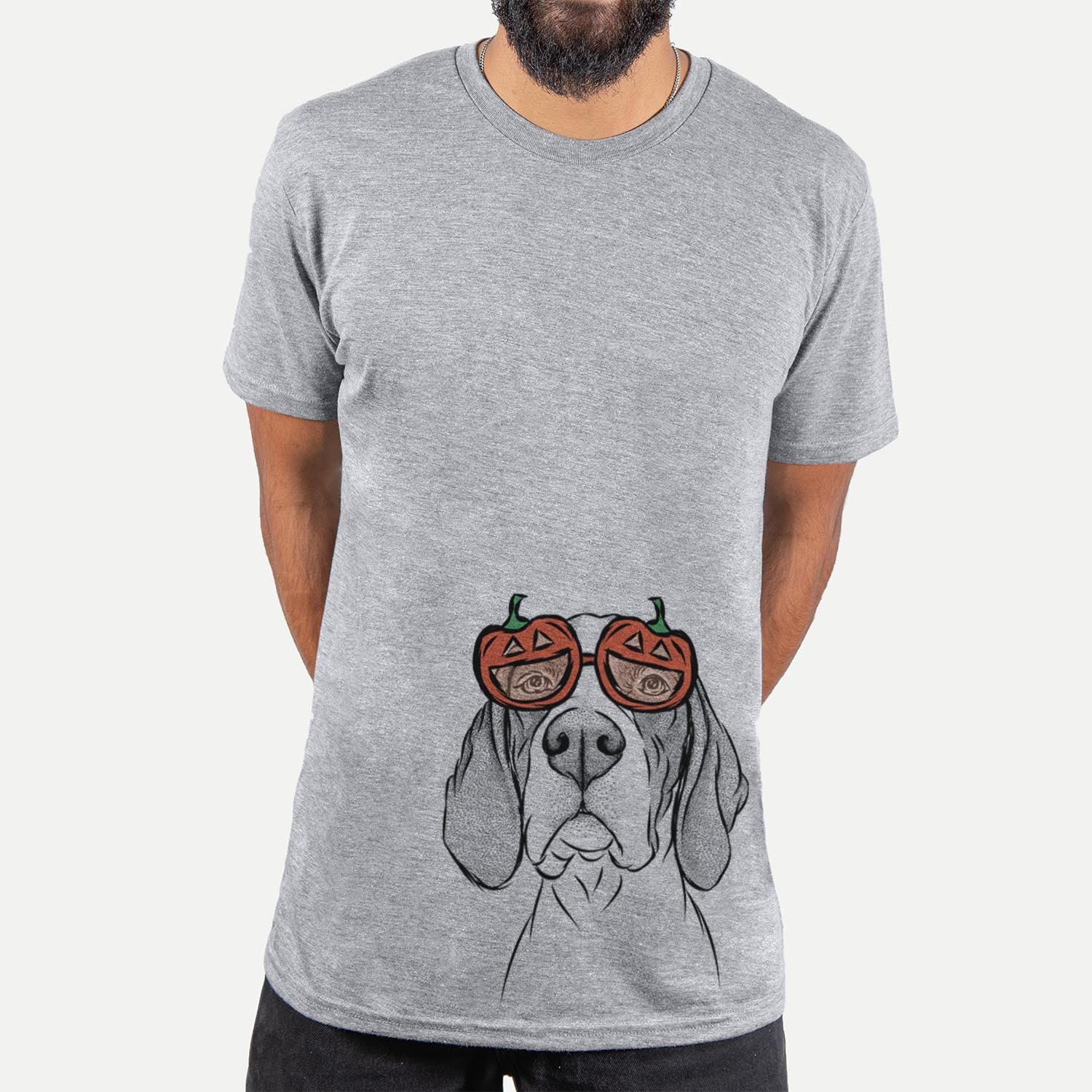 Hand-drawn sketch of Liam the English Pointer wearing pumpkin glasses on a Grey pumpkin collection, hanging on a wall