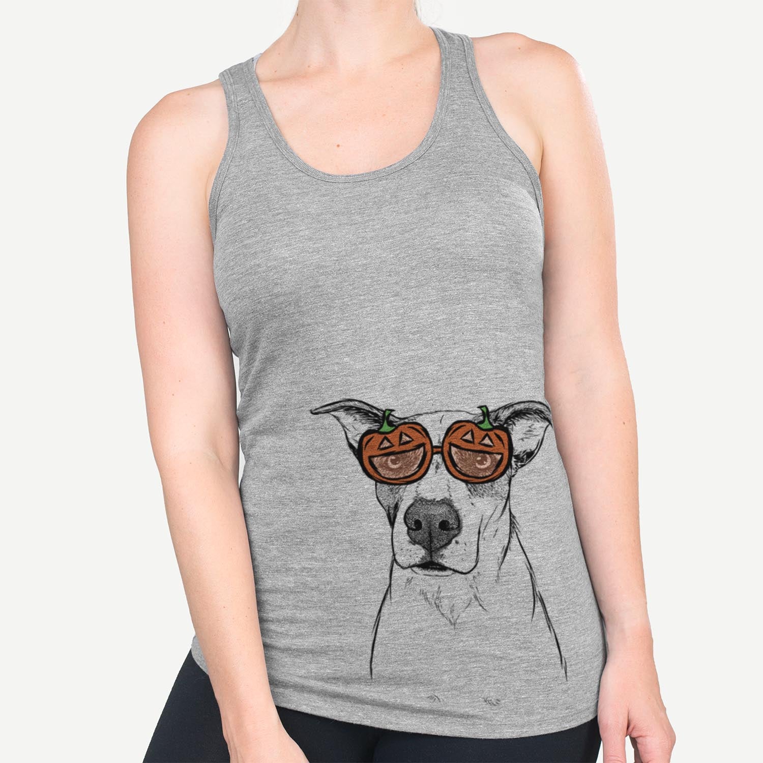Hand-drawn sketch of Lily the Mixed Breed wearing pumpkin glasses on a Grey pumpkin collection