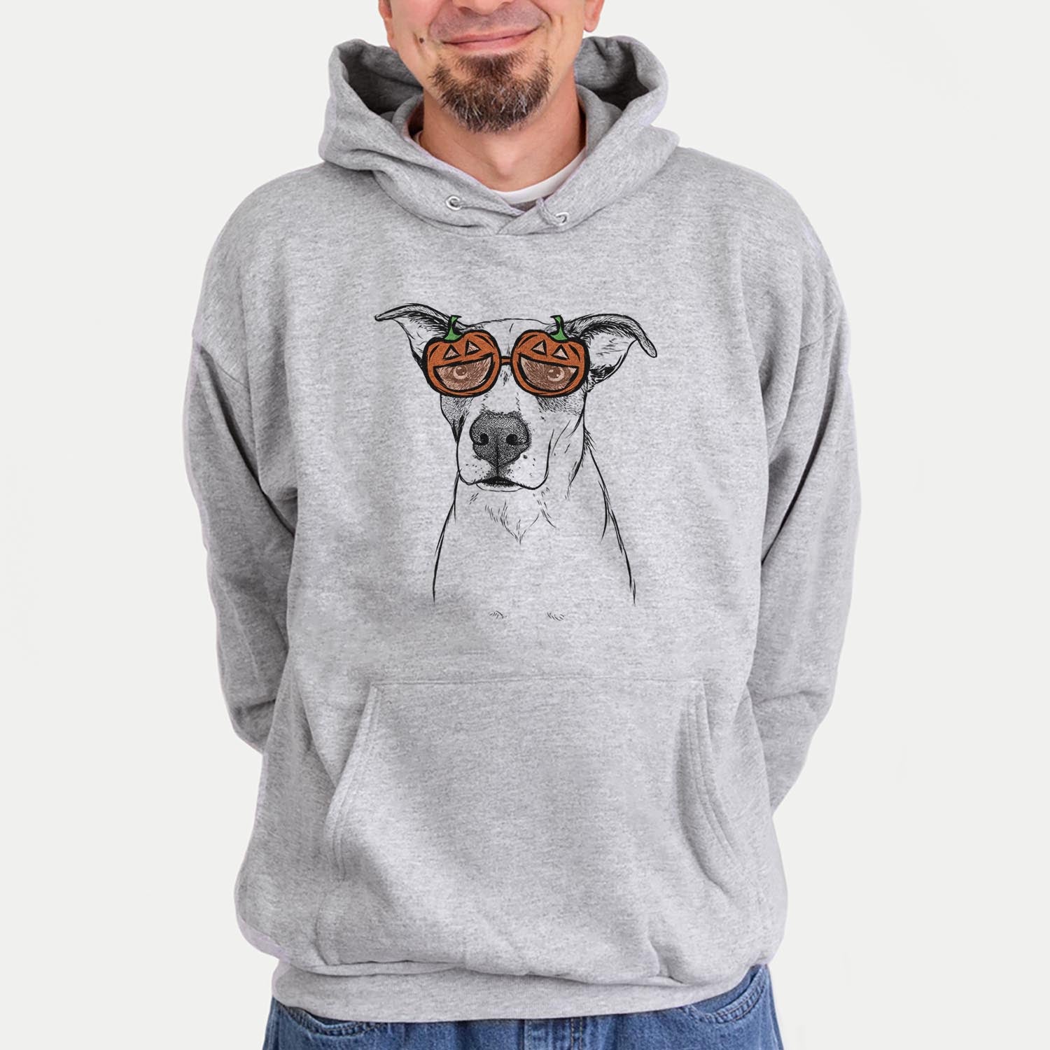 Hand-drawn sketch of Lily the Mixed Breed wearing pumpkin glasses on a Grey pumpkin collection, hanging on a wall