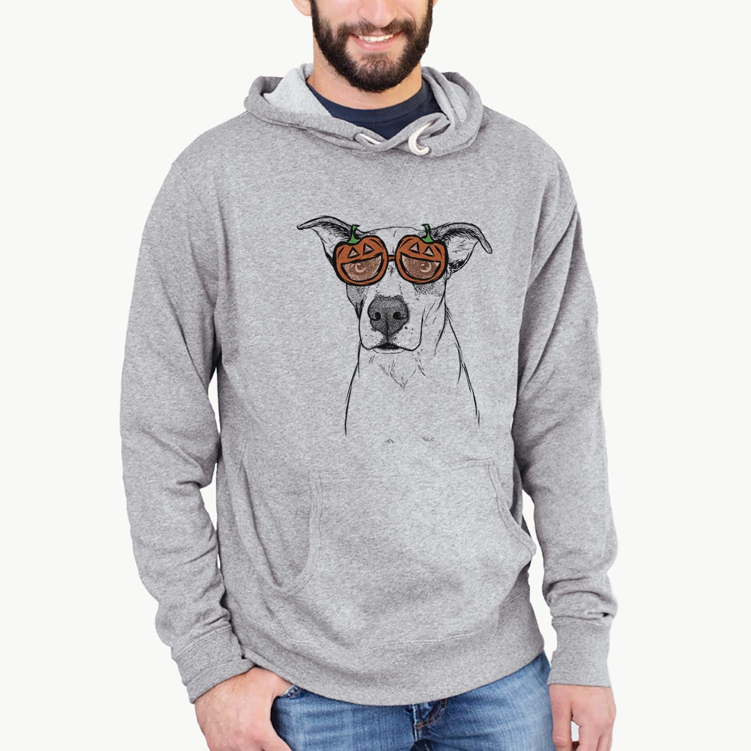 Hand-drawn sketch of Lily the Mixed Breed wearing pumpkin glasses on a Grey pumpkin collection