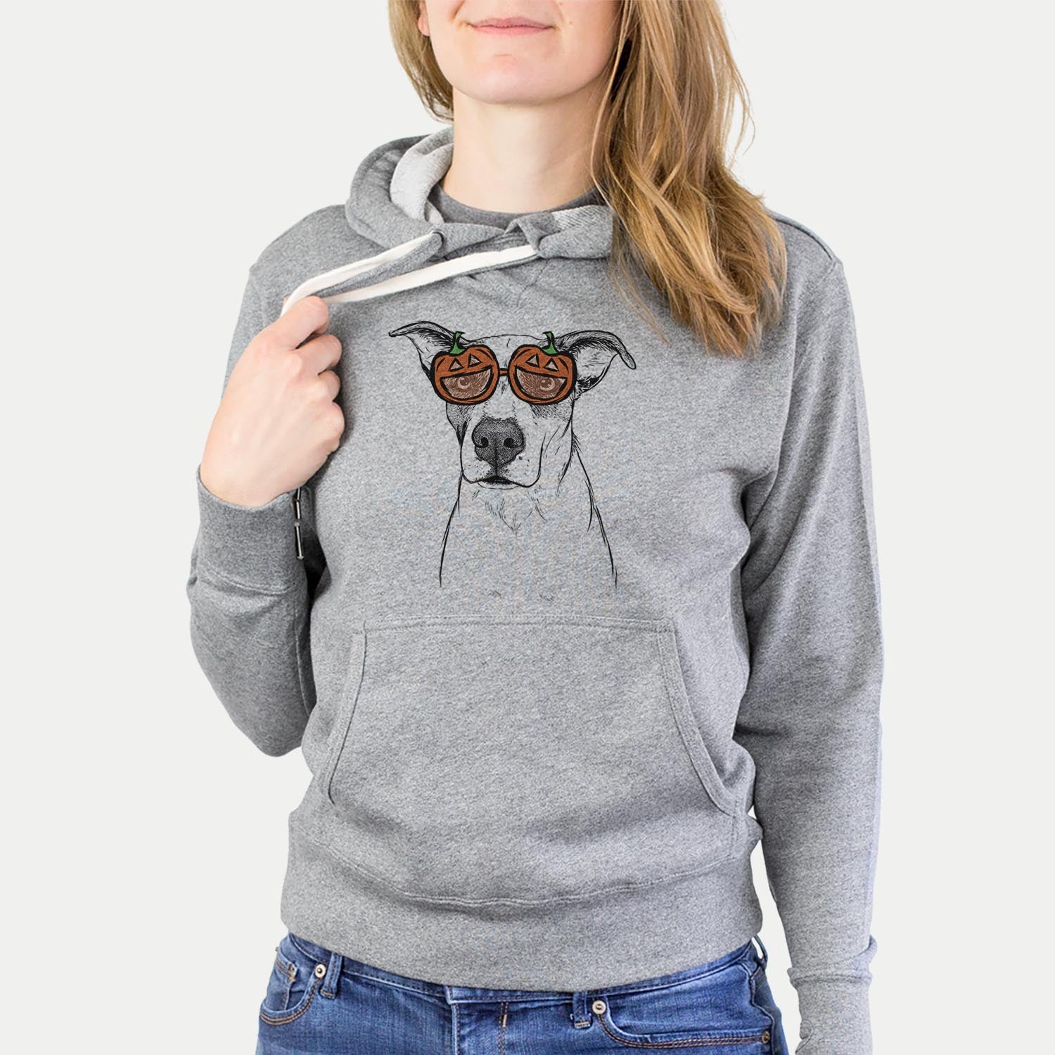 Hand-drawn sketch of Lily the Mixed Breed wearing pumpkin glasses on a Grey pumpkin collection, hanging on a wall