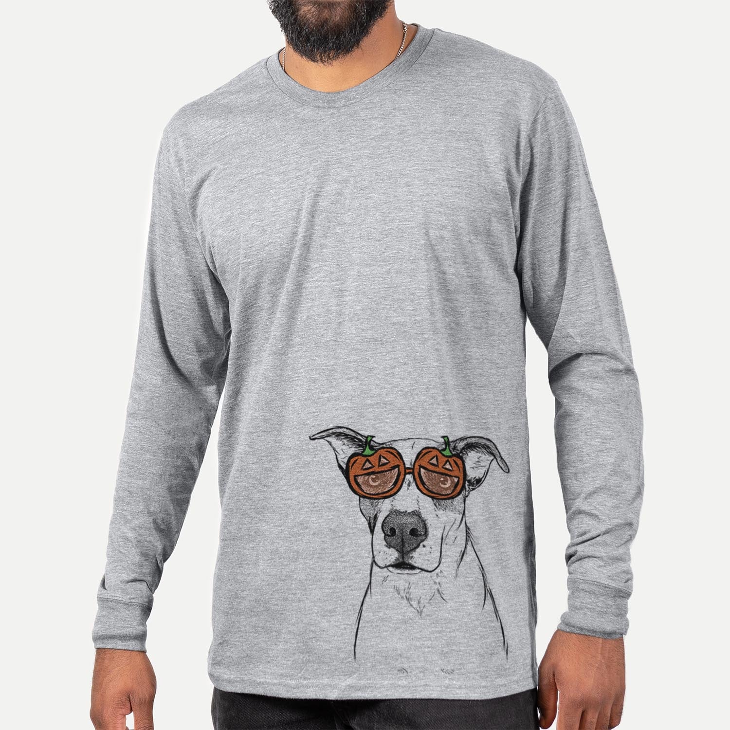 Hand-drawn sketch of Lily the Mixed Breed wearing pumpkin glasses on a Grey pumpkin collection, hanging on a wall