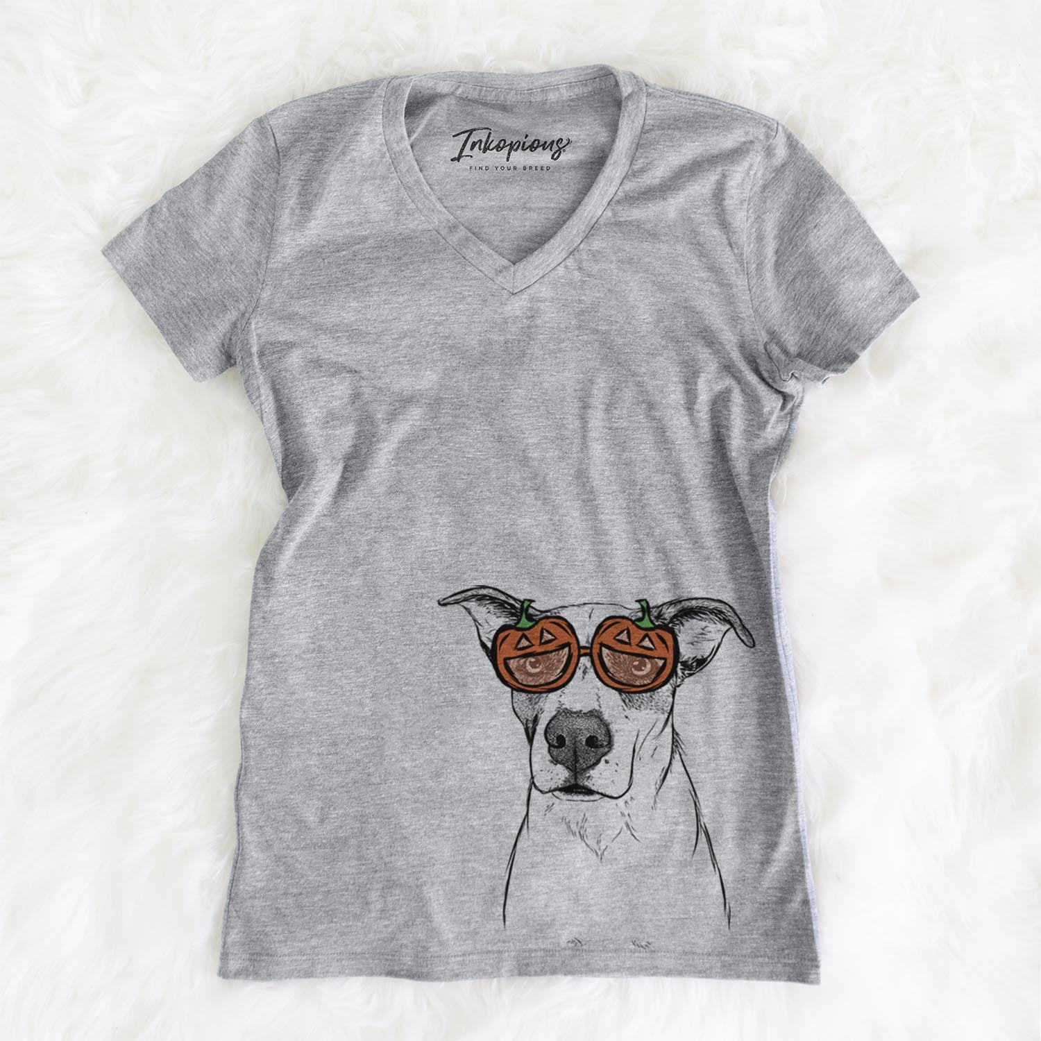 Hand-drawn sketch of Lily the Mixed Breed wearing pumpkin glasses on a Grey pumpkin collection, on a hanger
