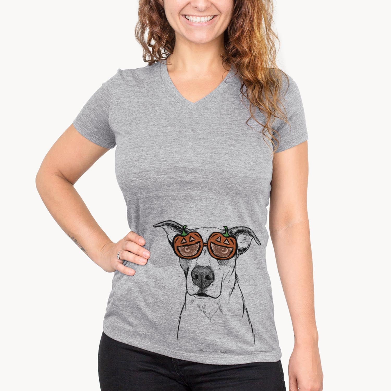 Hand-drawn sketch of Lily the Mixed Breed wearing pumpkin glasses on a Grey pumpkin collection
