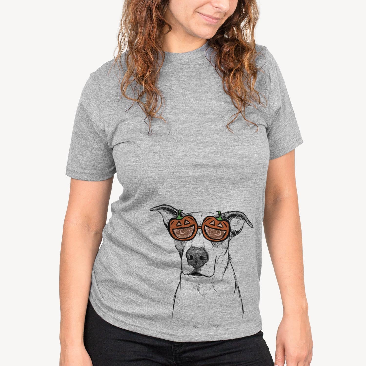 Hand-drawn sketch of Lily the Mixed Breed wearing pumpkin glasses on a Grey pumpkin collection, on a hanger