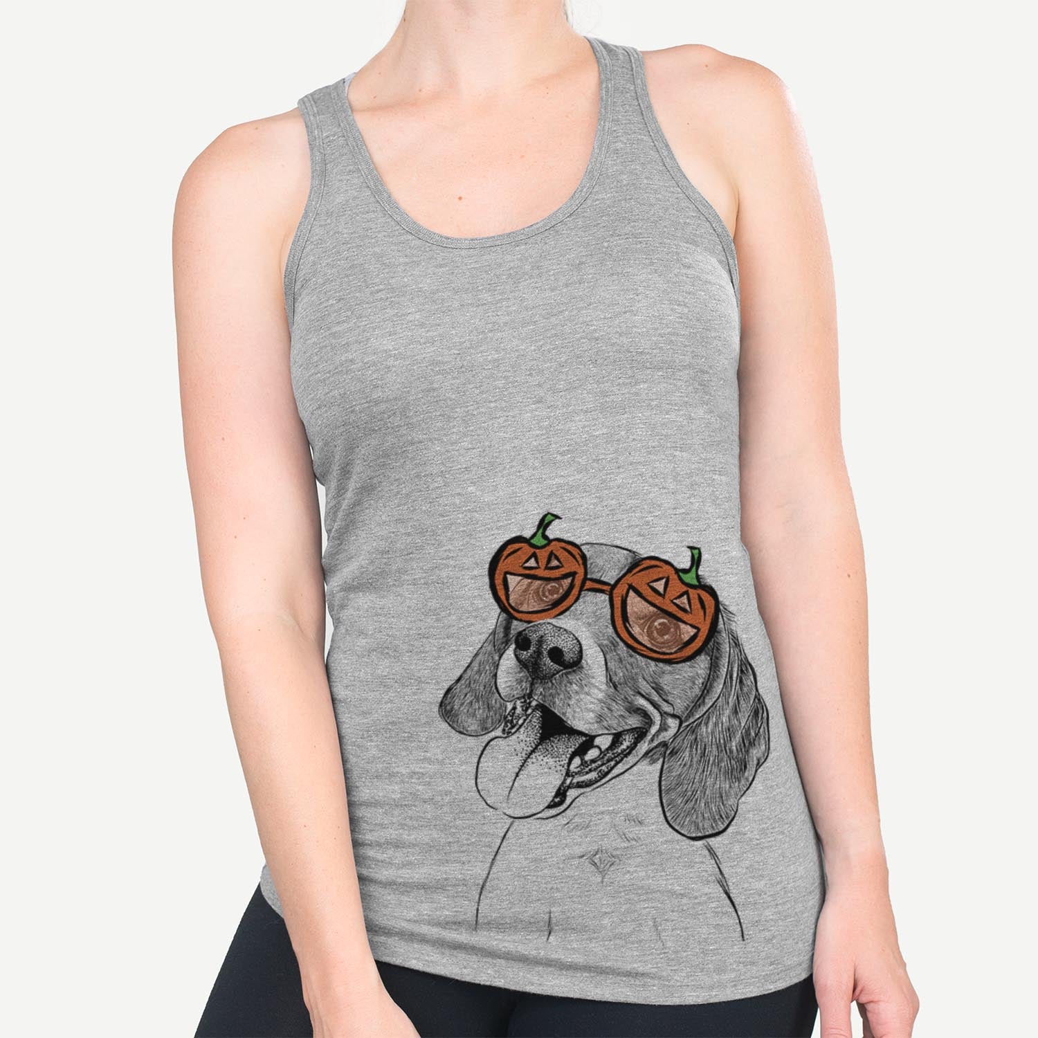 Hand-drawn sketch of Little Bandit the Beagle wearing pumpkin glasses on a Grey pumpkin collection
