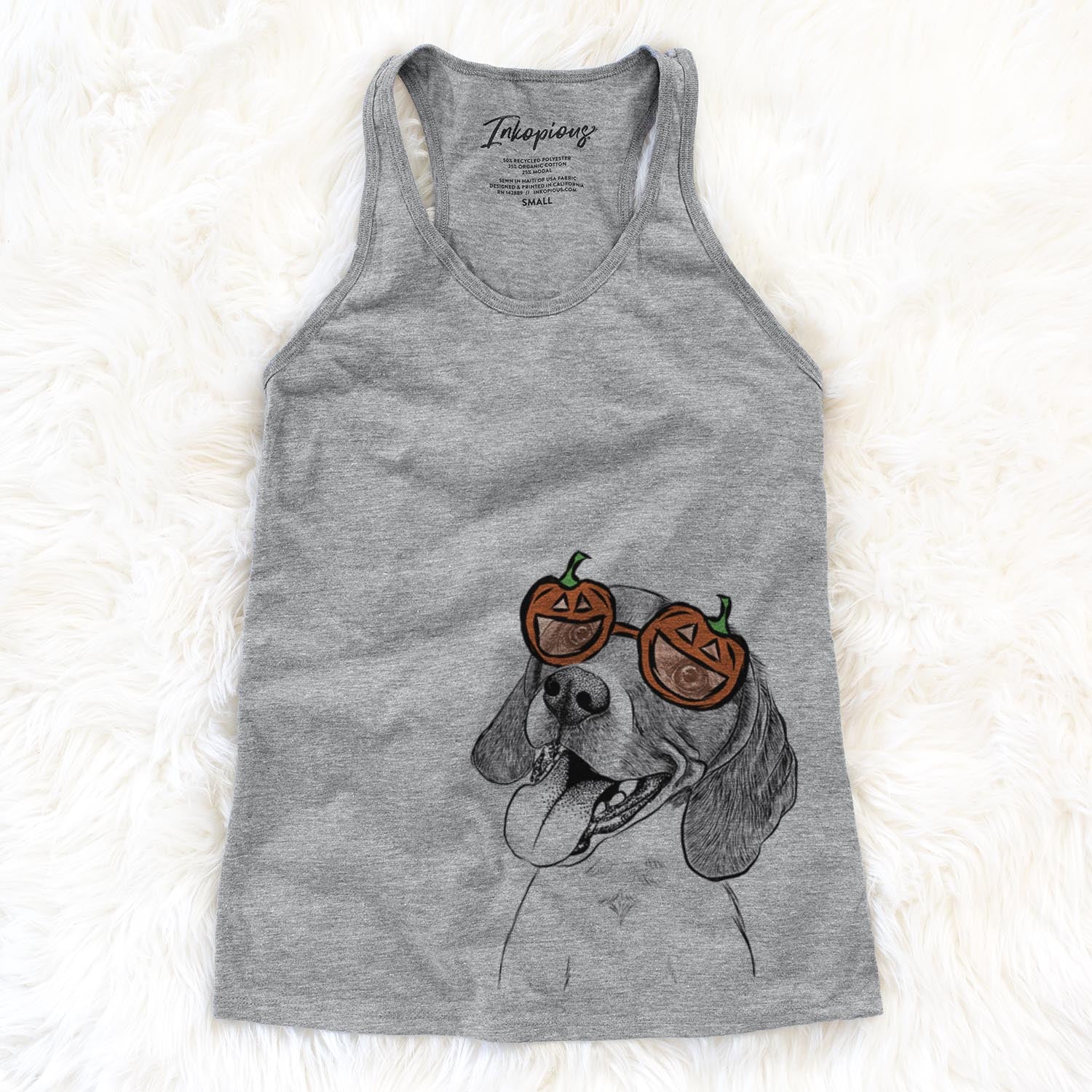 Hand-drawn sketch of Little Bandit the Beagle wearing pumpkin glasses on a Grey pumpkin collection