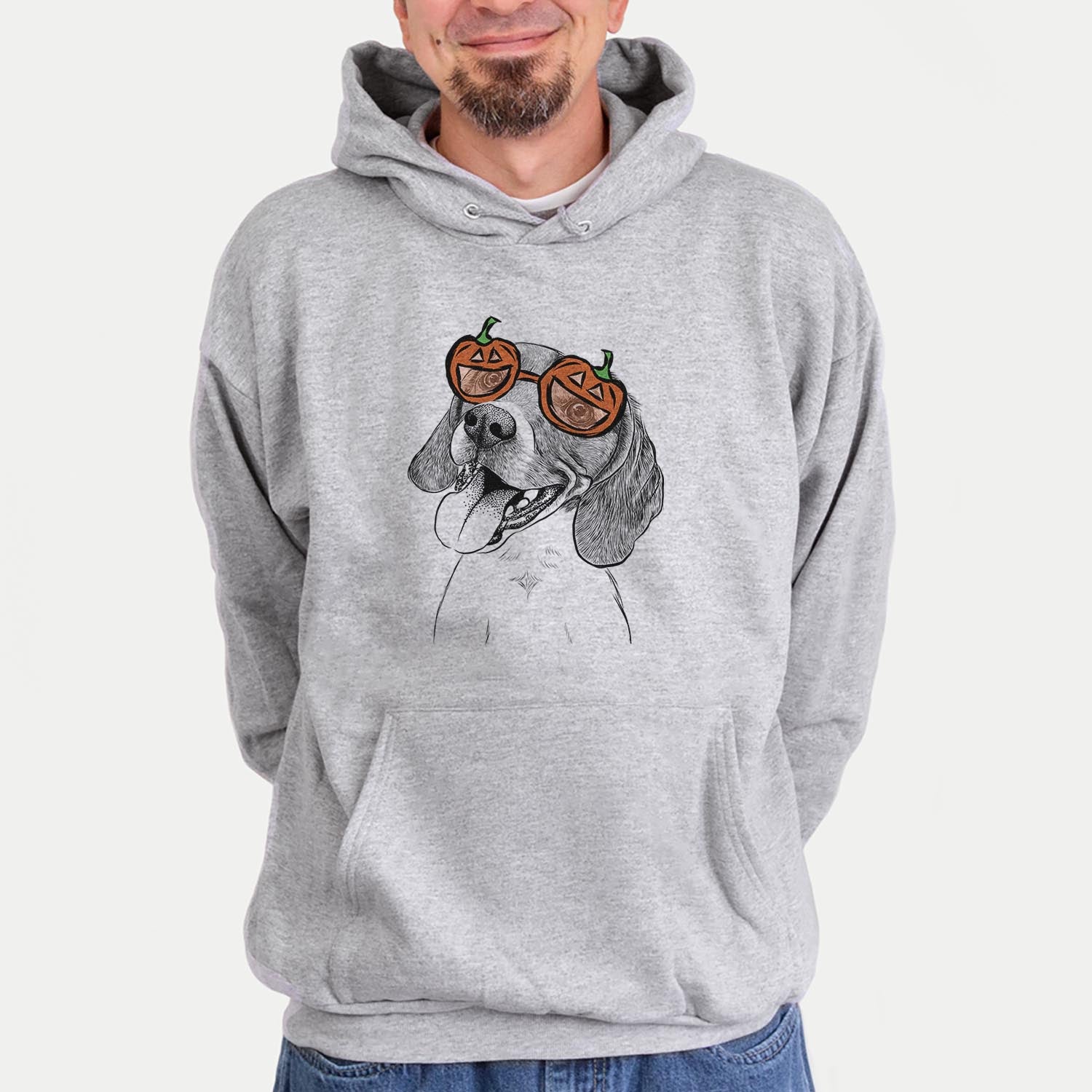 Hand-drawn sketch of Little Bandit the Beagle wearing pumpkin glasses on a Grey pumpkin collection, hanging on a wall