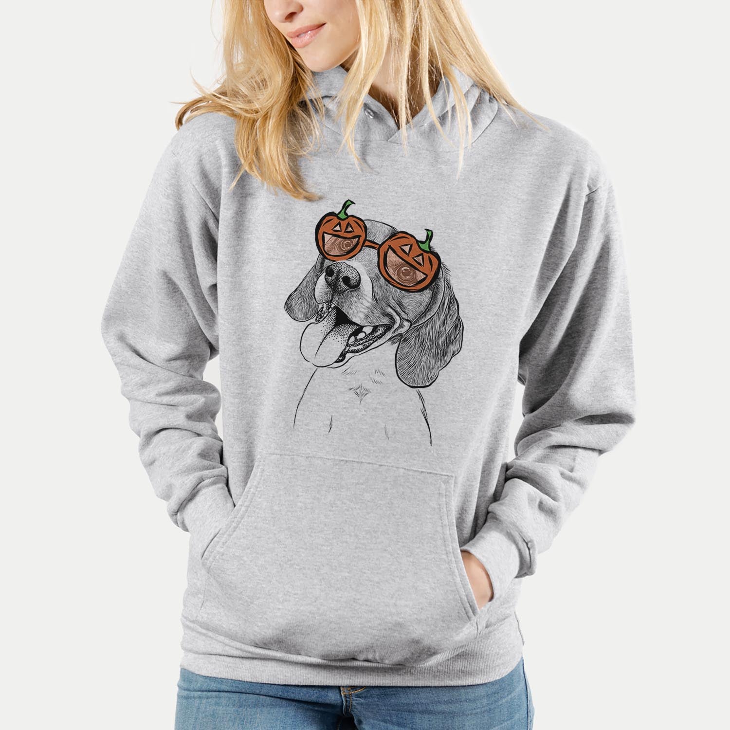 Hand-drawn sketch of Little Bandit the Beagle wearing pumpkin glasses on a Grey pumpkin collection