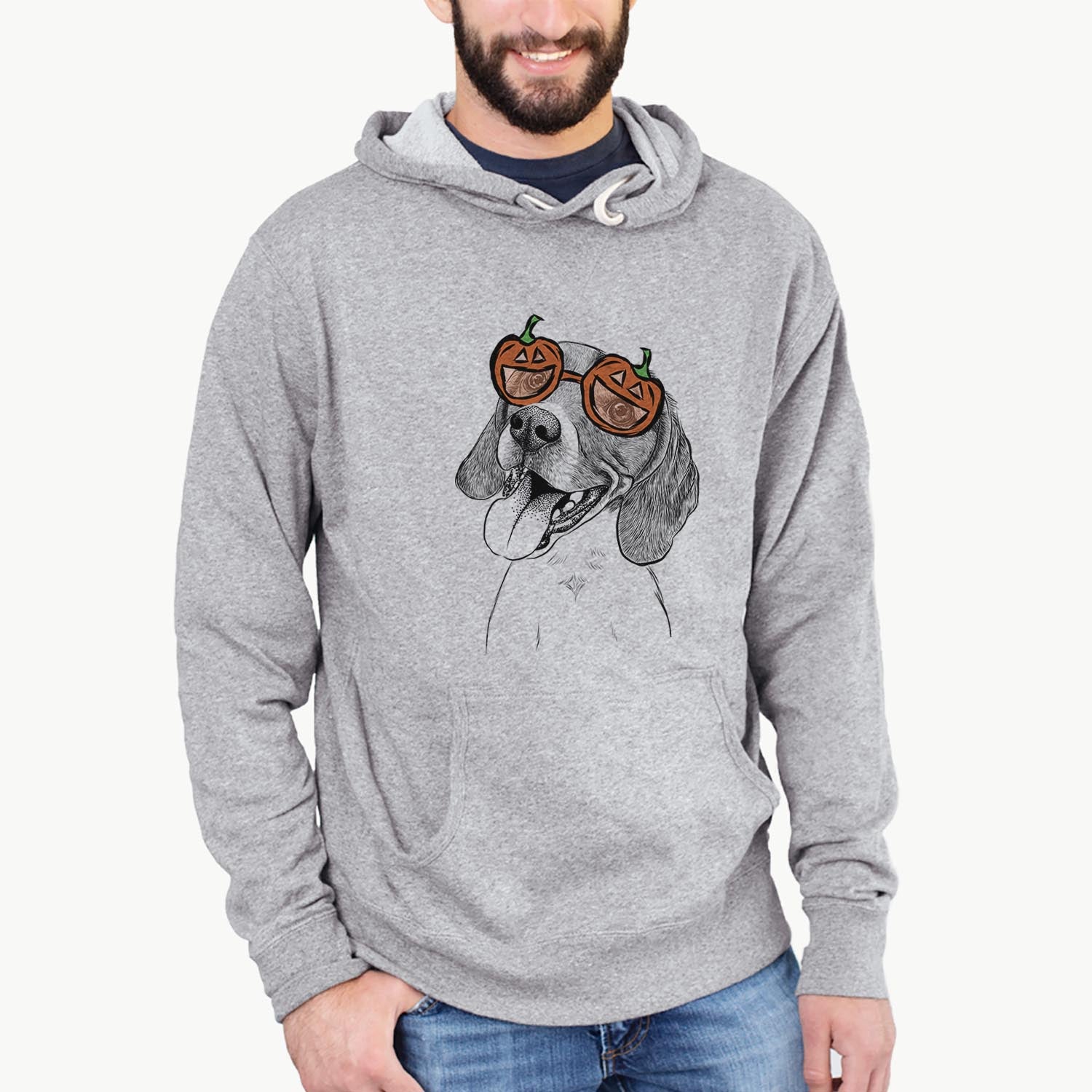 Hand-drawn sketch of Little Bandit the Beagle wearing pumpkin glasses on a Grey pumpkin collection