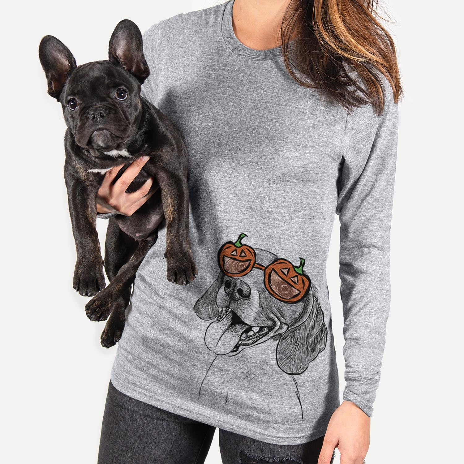 Hand-drawn sketch of Little Bandit the Beagle wearing pumpkin glasses on a Grey pumpkin collection